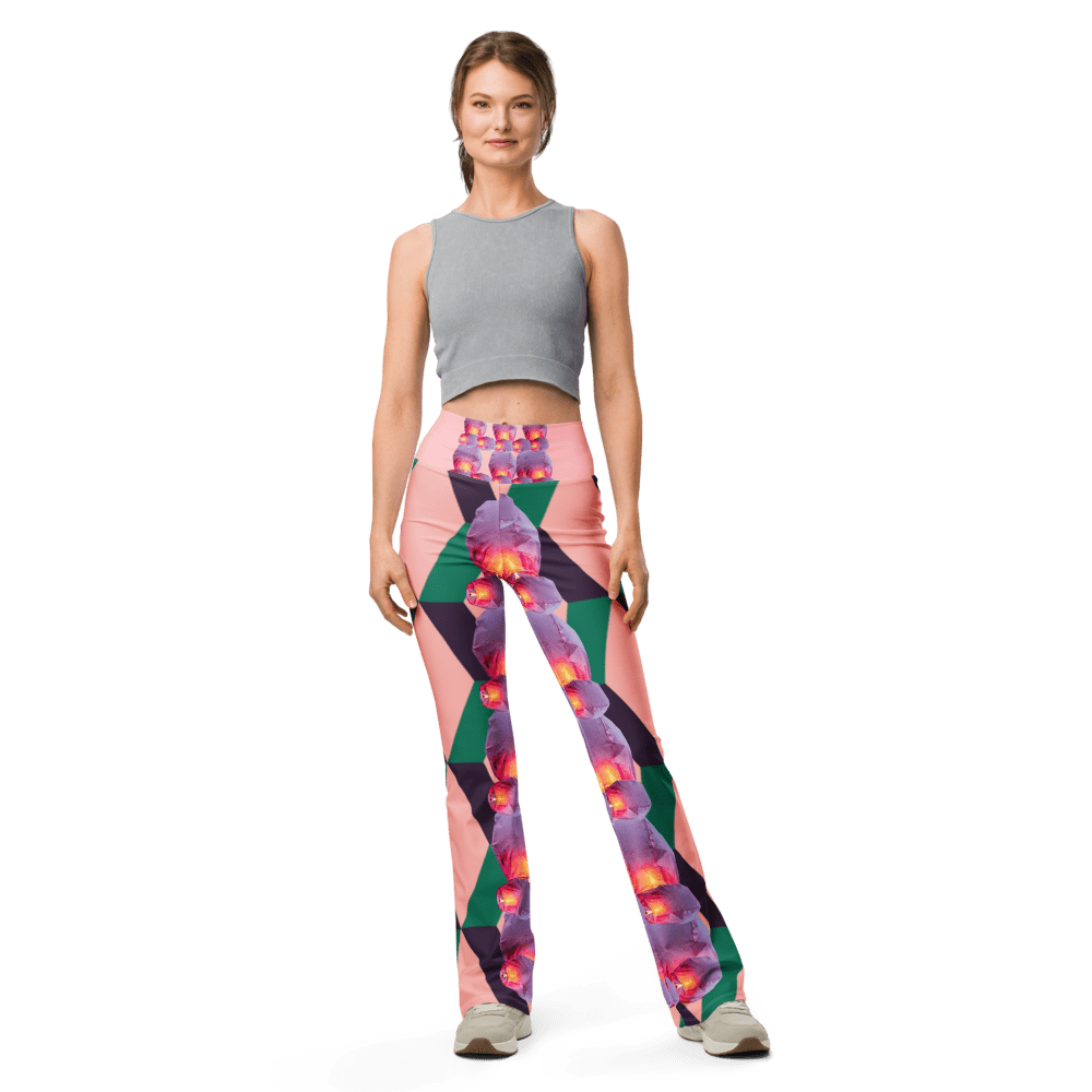 Woman modeling colorful geometric floral wide-leg pants