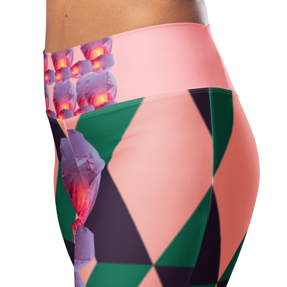 Colorful geometric patterned leggings on model