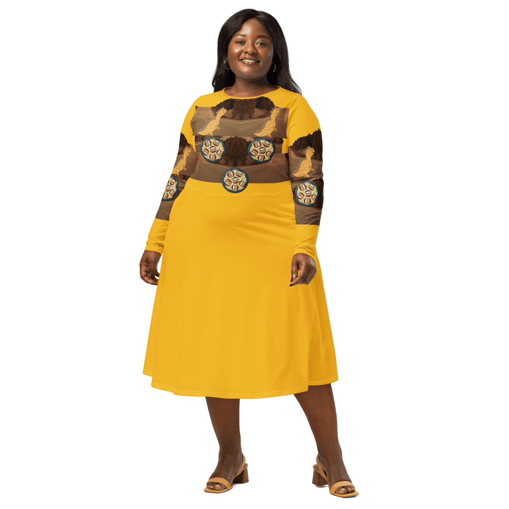 Smiling person in yellow dress with patterned bodice