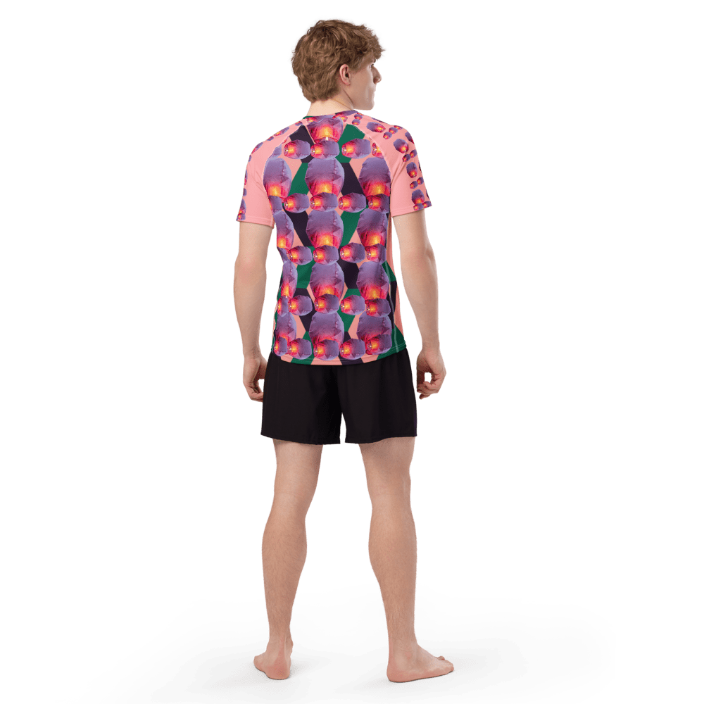Back view of man in vibrant patterned shirt