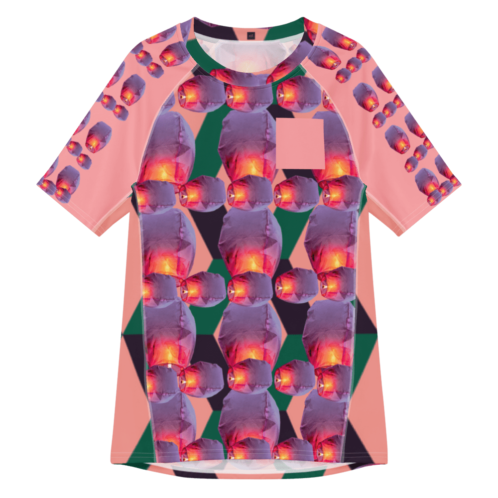 Pink shirt with repeating glowing skulls