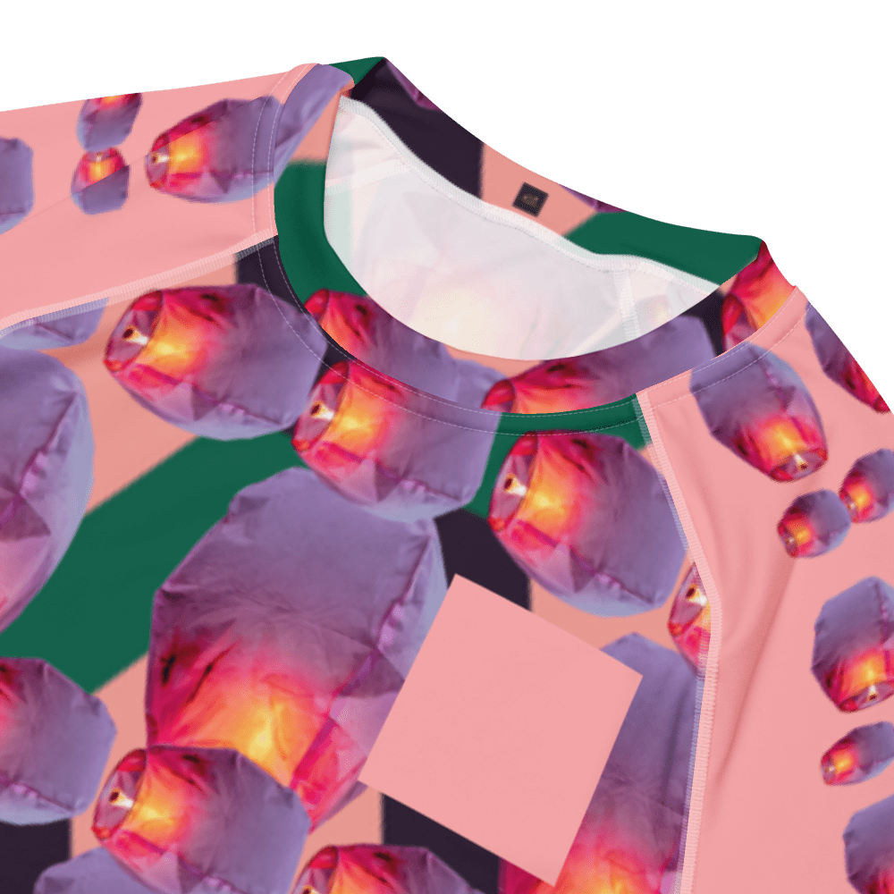 Abstract pink shirt with glowing purple shapes