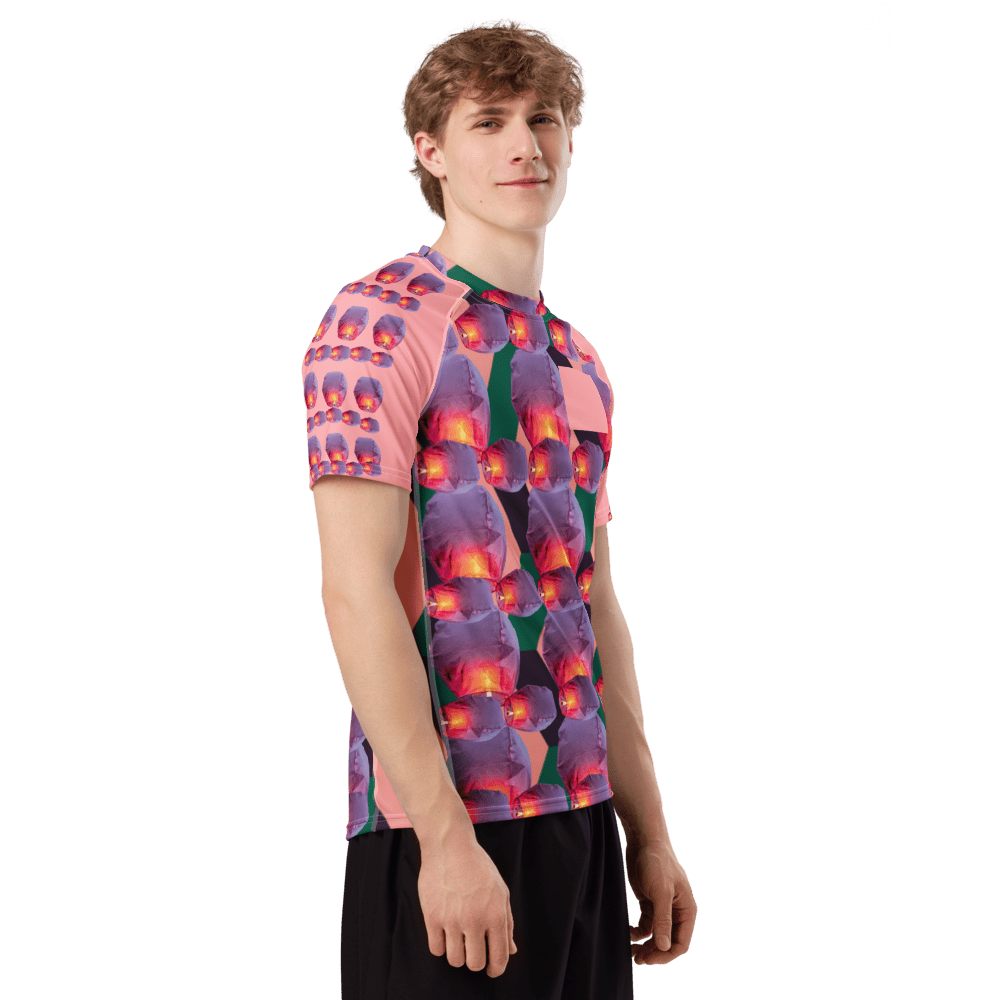 Young man wearing colorful geometric patterned T-shirt