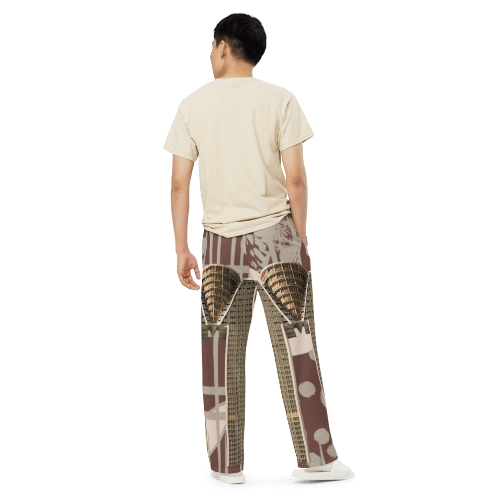 Man wearing architectural-print pants, back view