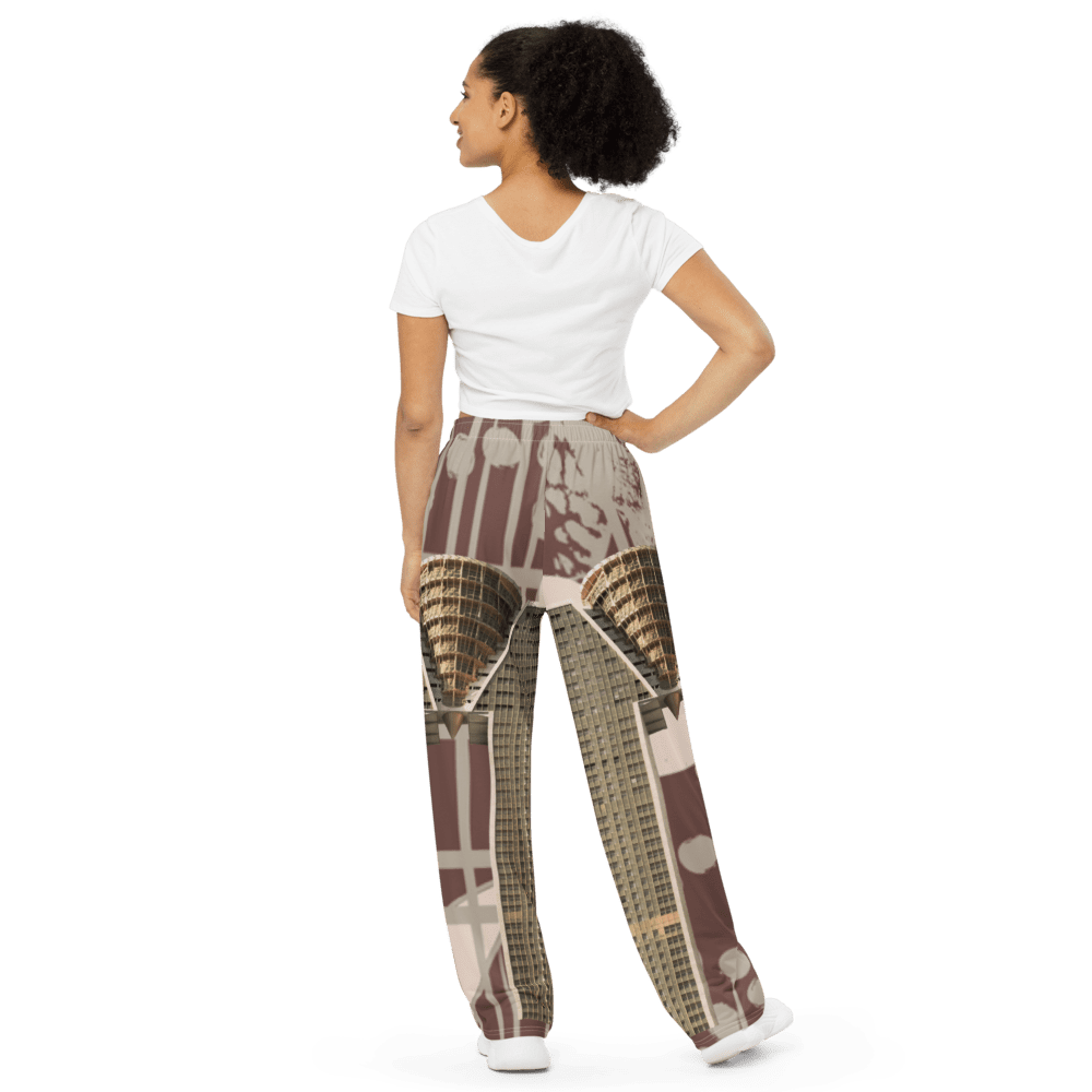 Woman modeling patterned wide-leg pants from back