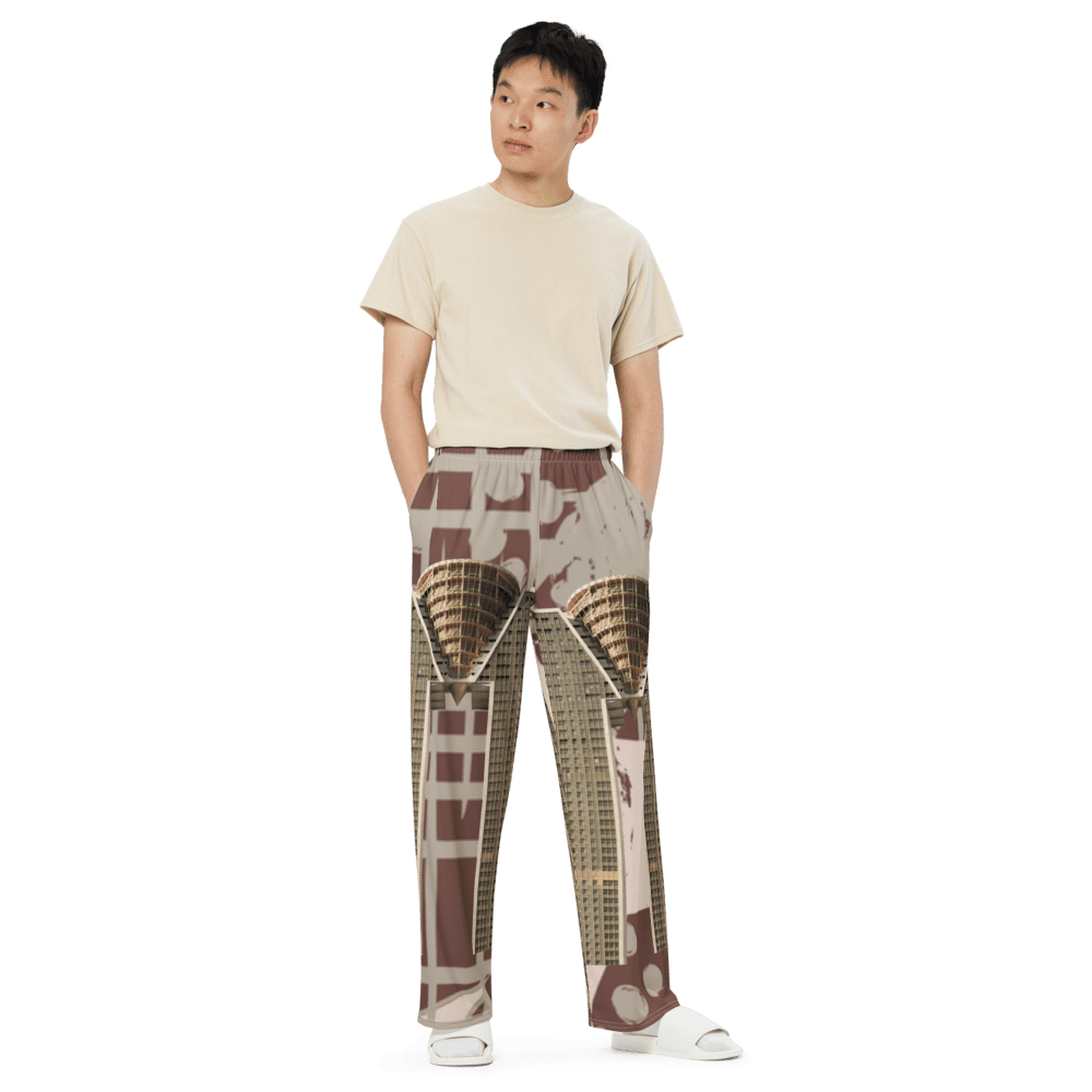 Model in beige tee and architectural pants