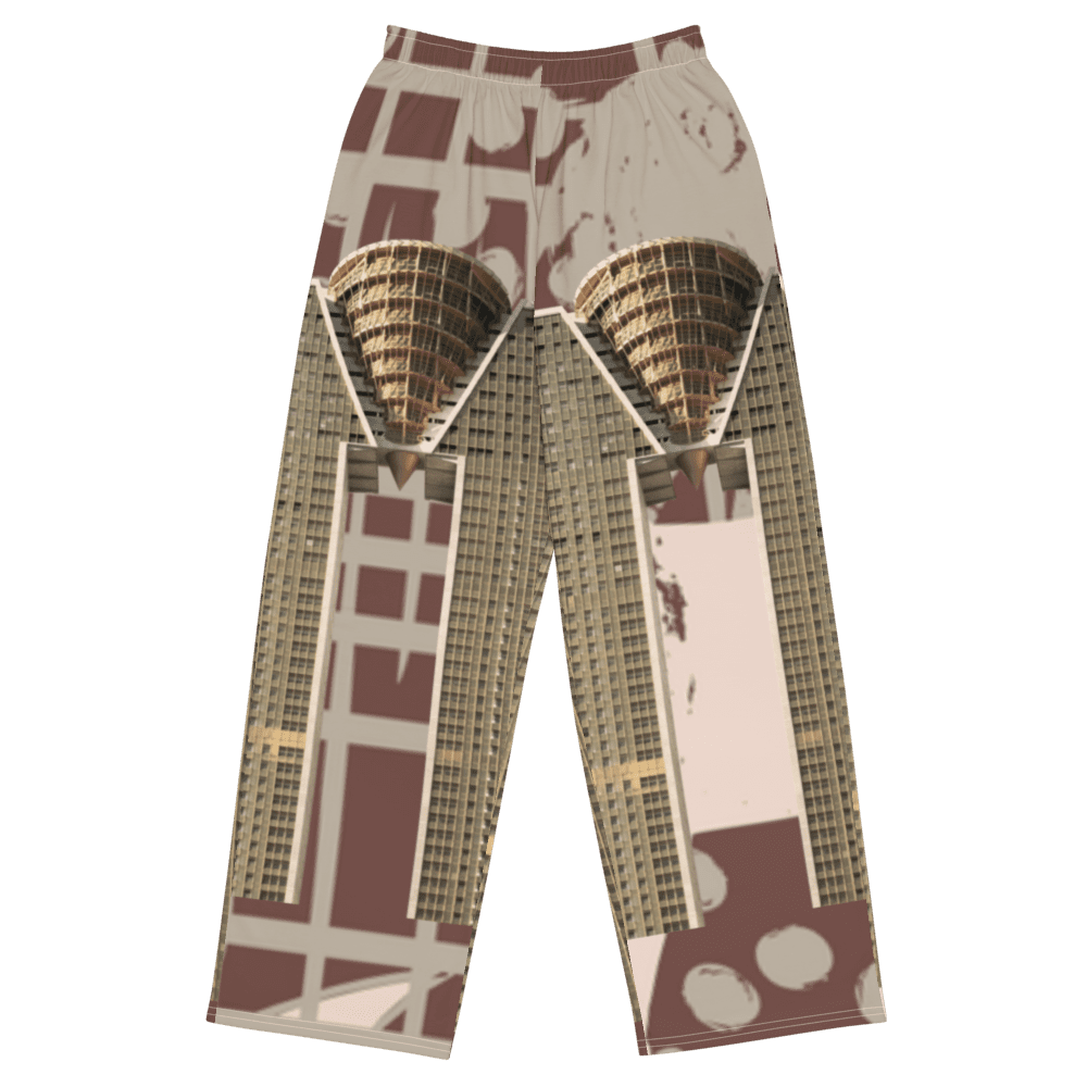 Beige wide-leg pants with skyscraper print