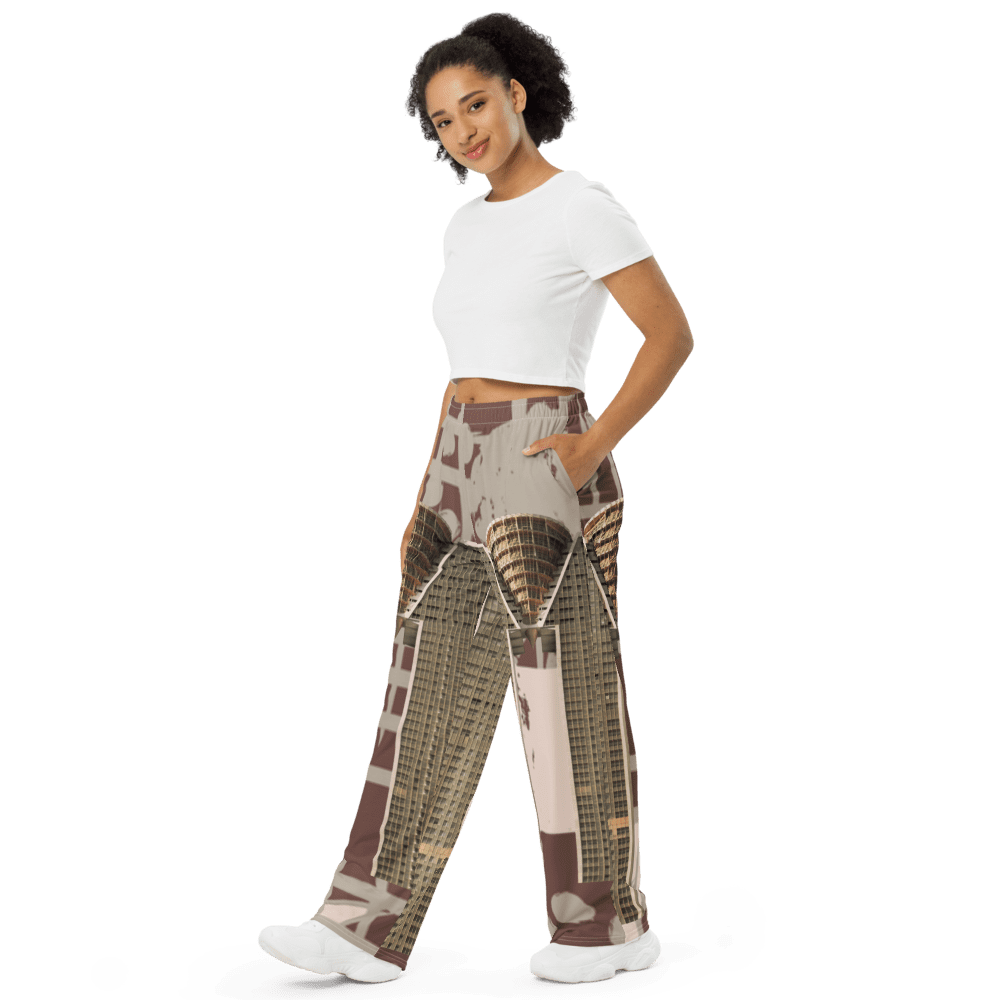 Woman modeling skyline-print wide-leg pants