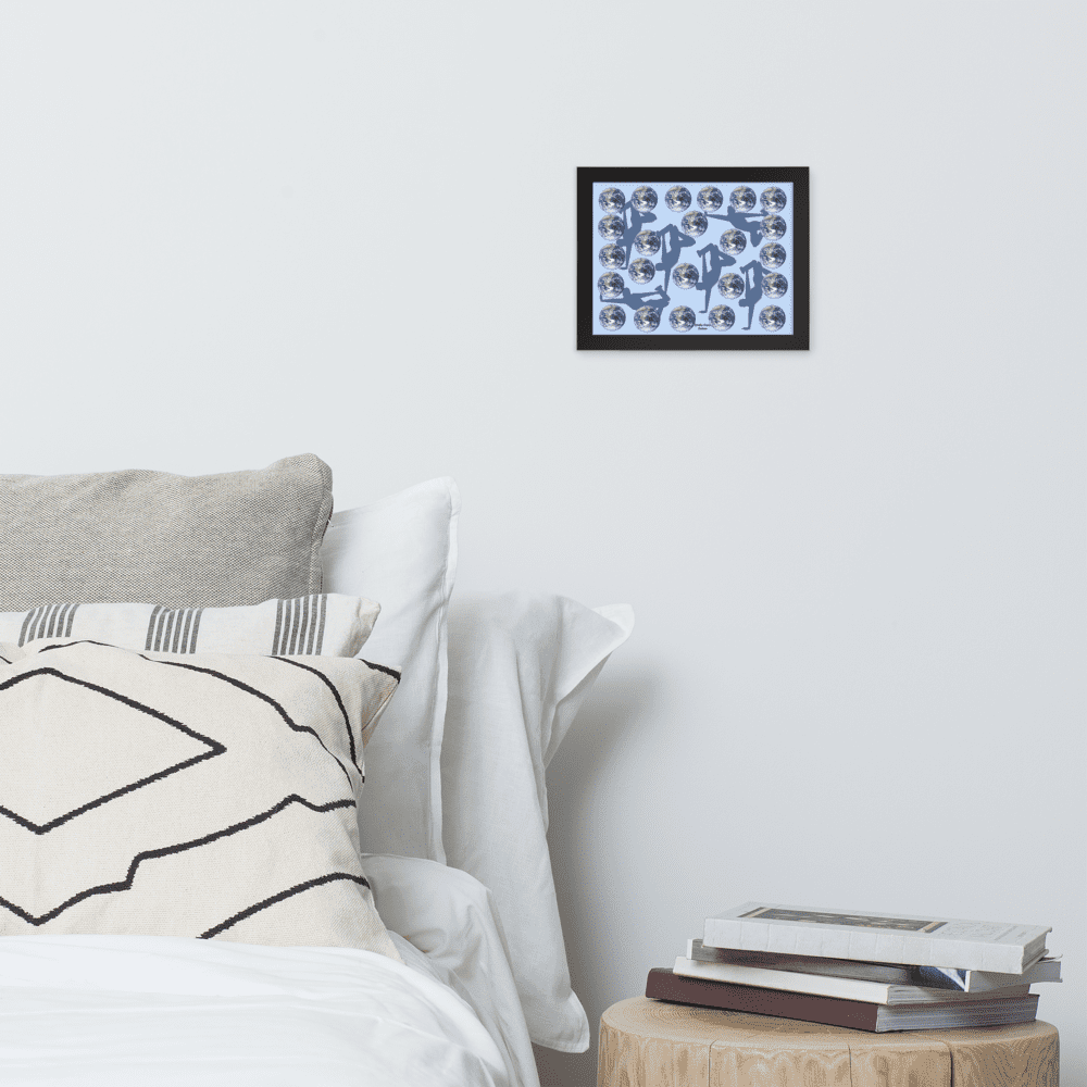 Cozy bed with patterned pillows and artwork