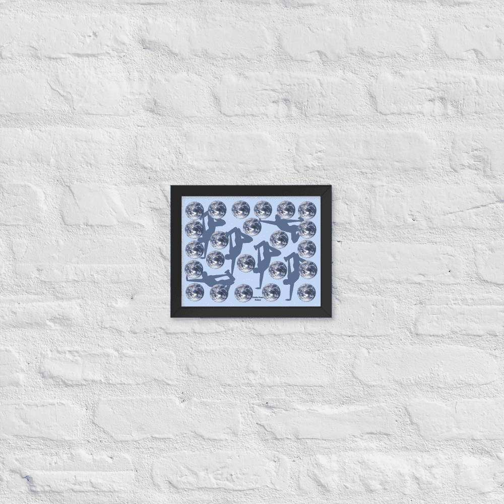 Framed blue abstract collage on white brick