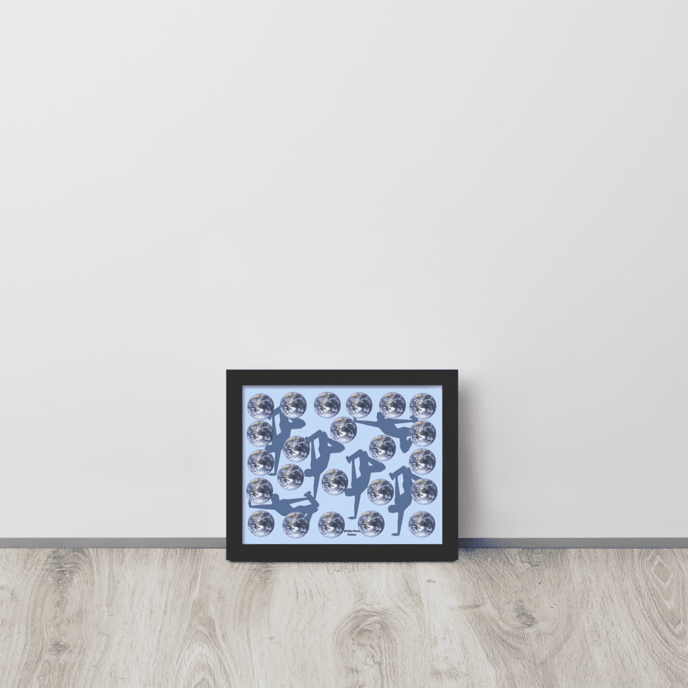 Framed blue abstract print leaning against wall