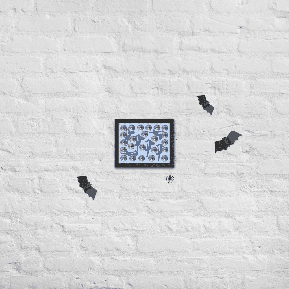 White brick wall with framed print, bats, spider