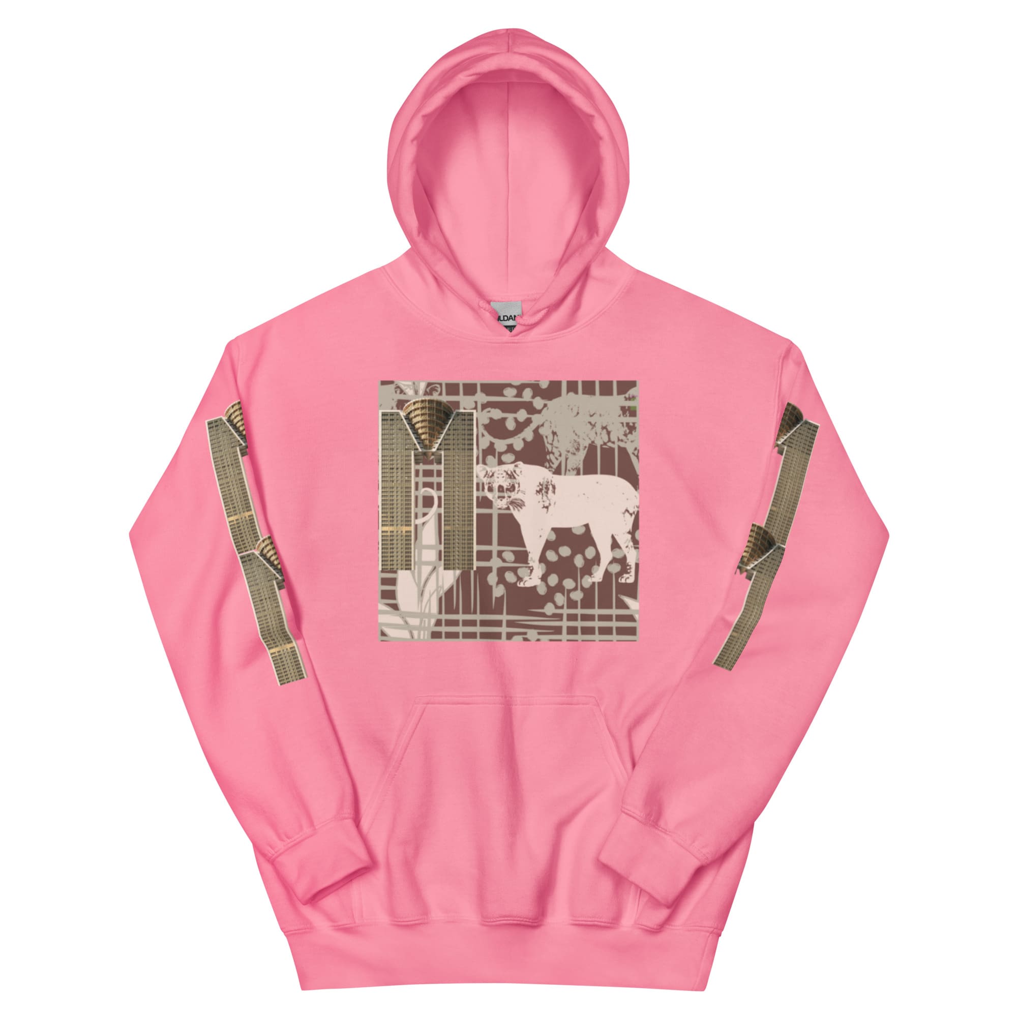 Pink hoodie with cow graphic and sleeve straps