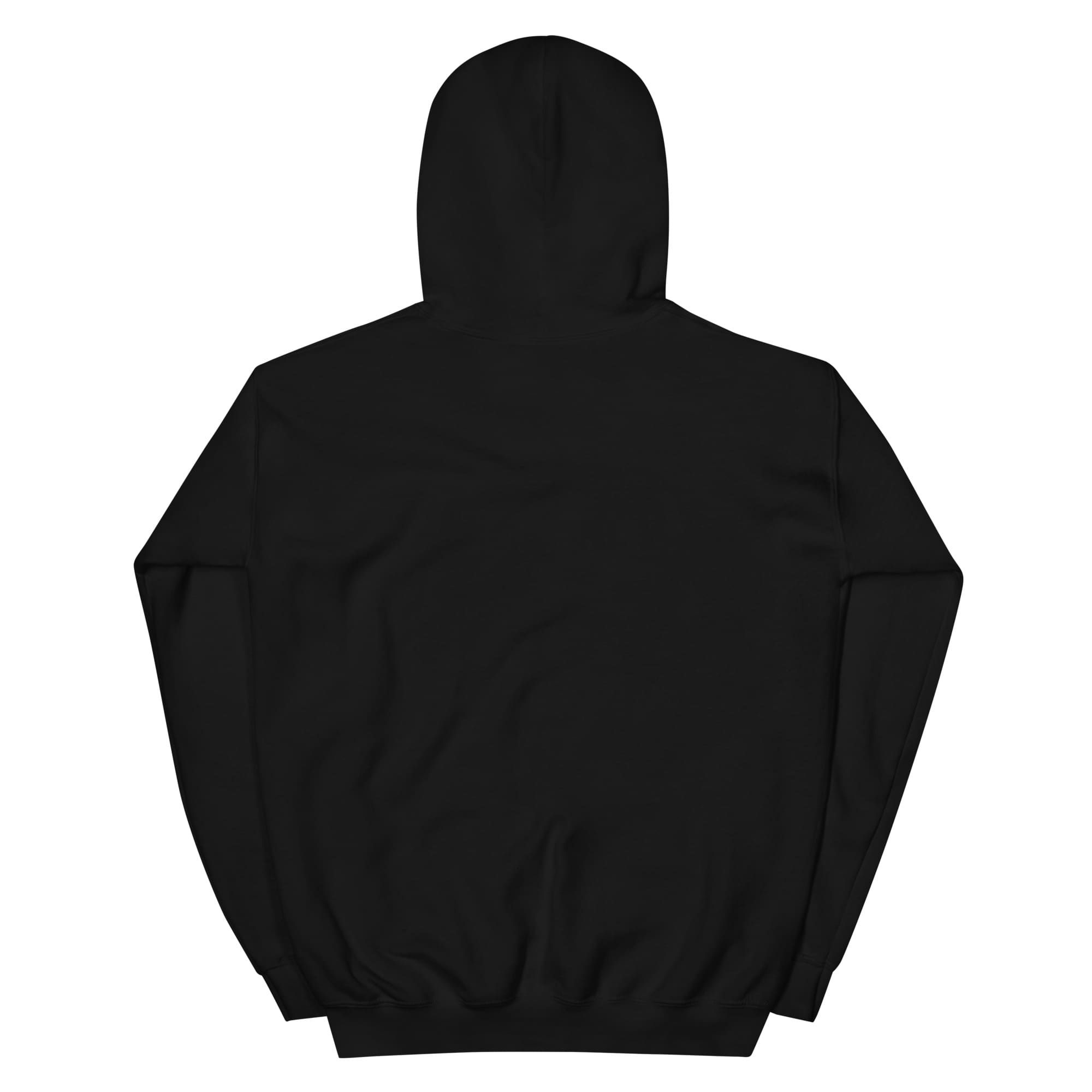 Plain black hoodie back view on white