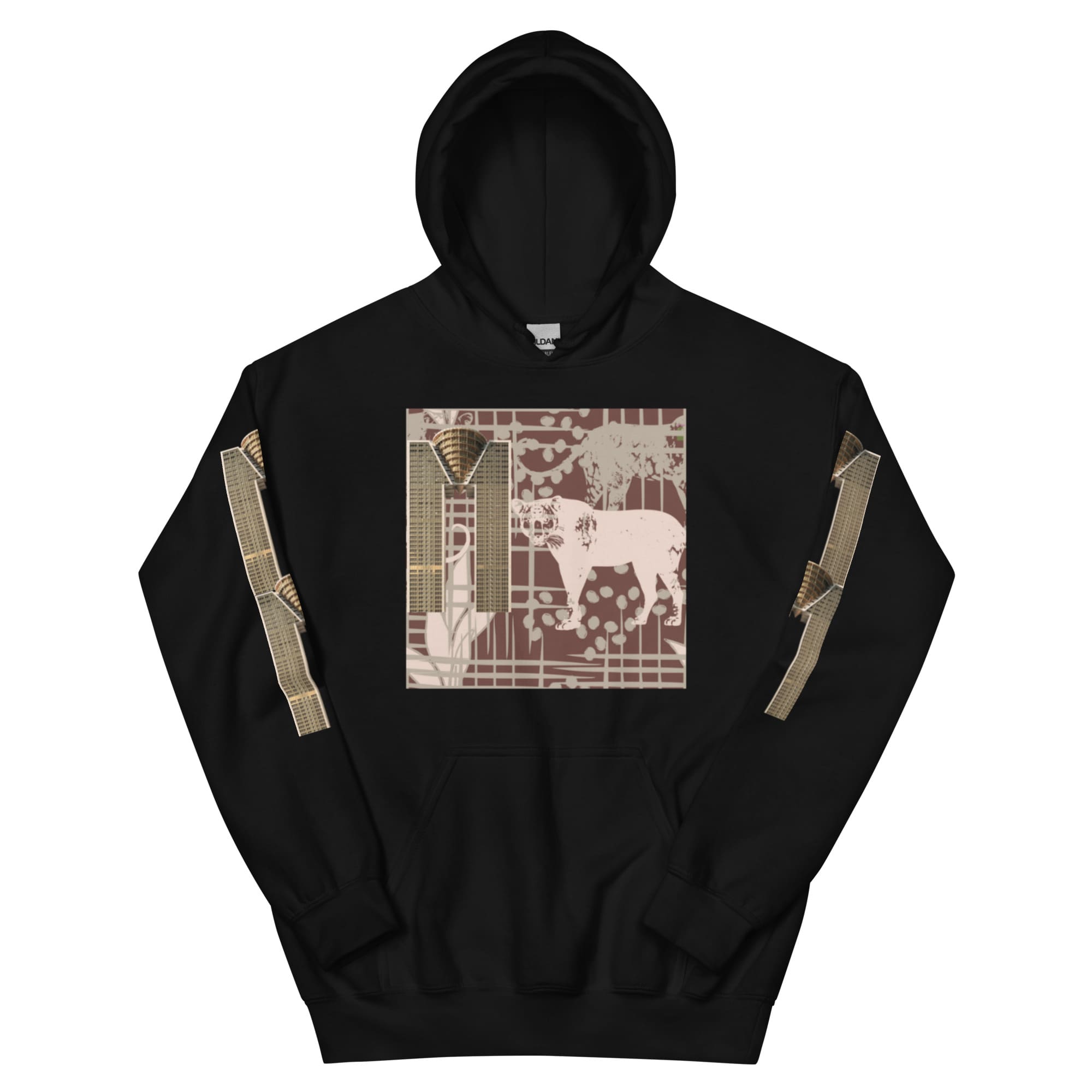 Black hoodie featuring beige elephant square print