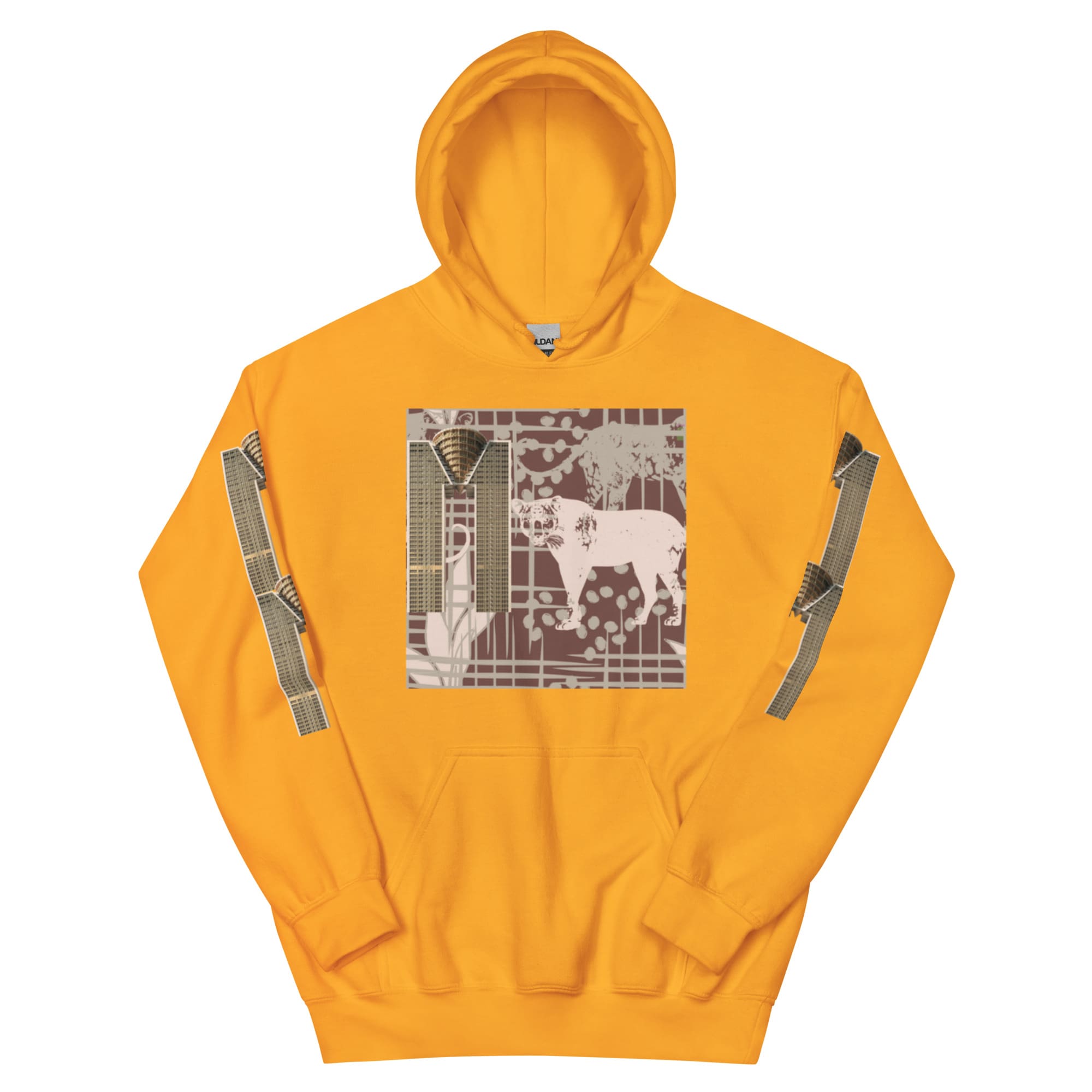 Mustard hoodie with elephant graphic square