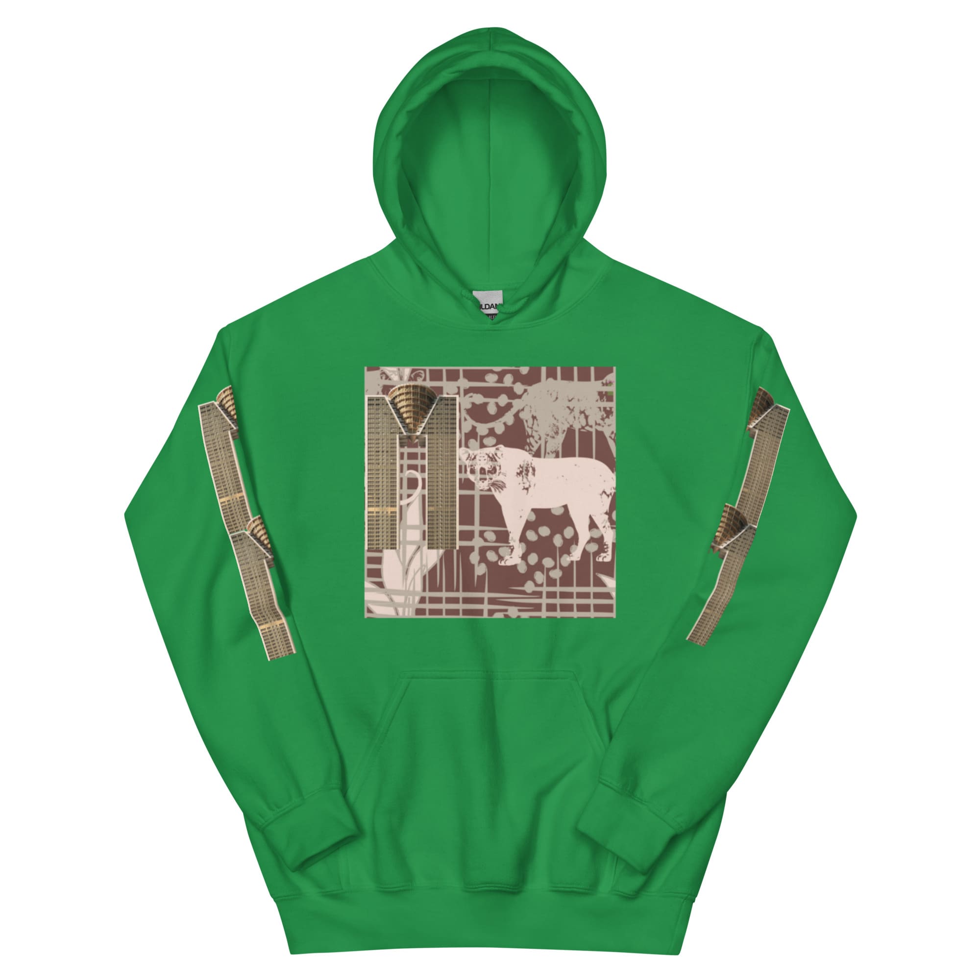 Green hoodie with beige elephant square