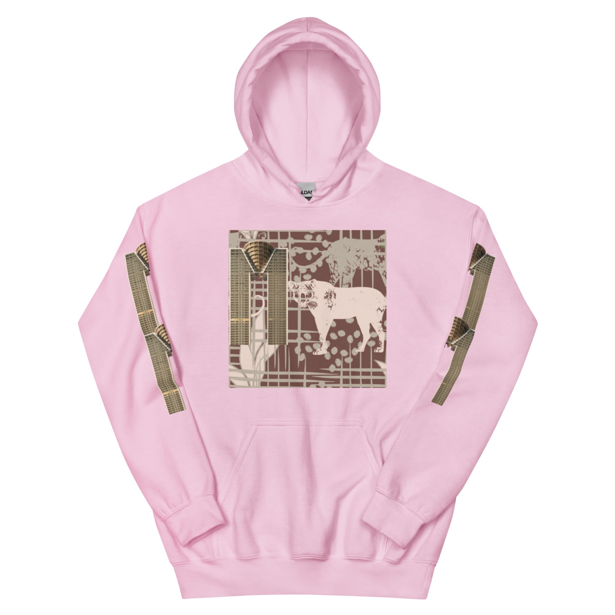 Pink hoodie with cow and floral graphic