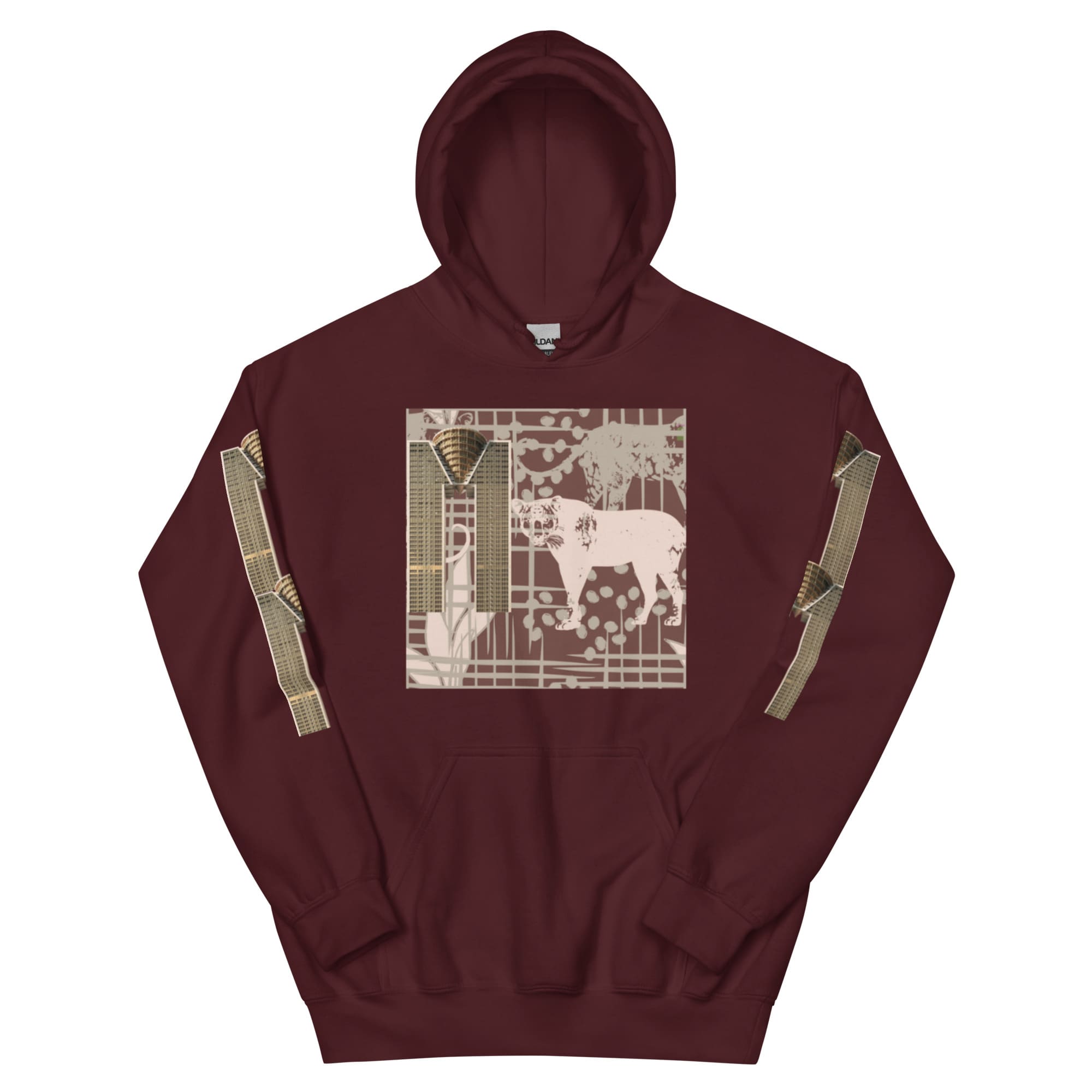 Burgundy hoodie with stylized cow and stripes