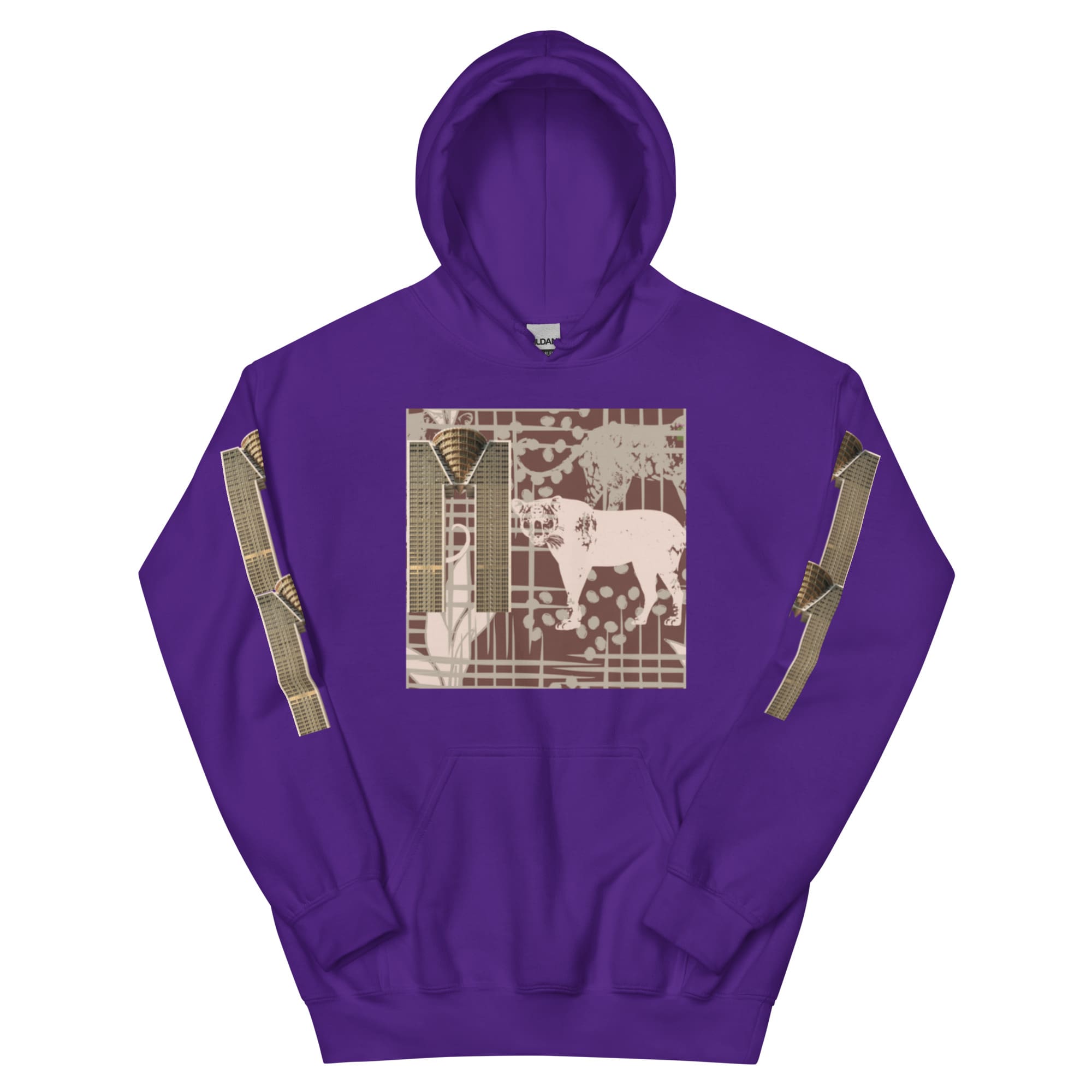 Purple hoodie with stylized cow square print