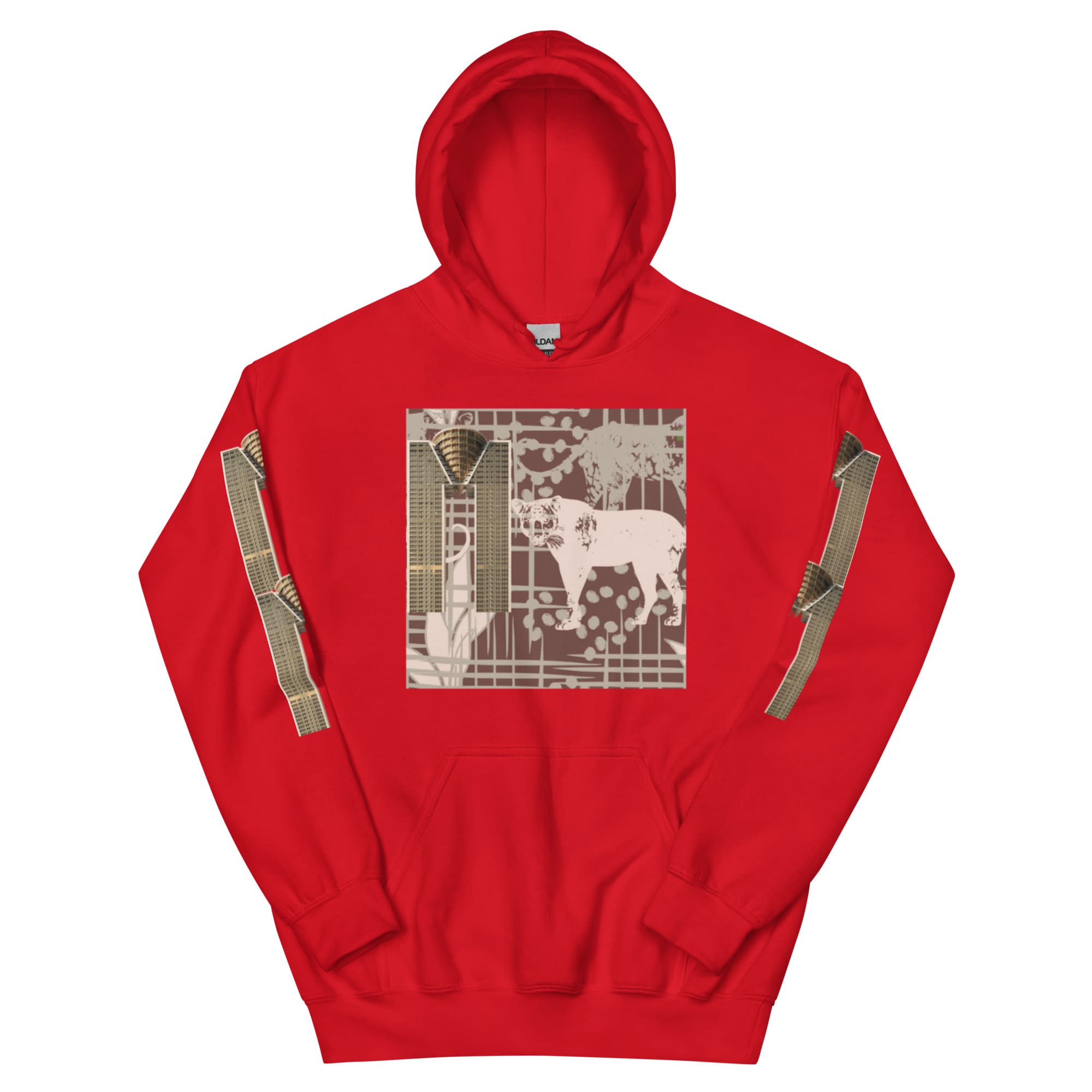 Red hoodie with beige animal print and straps