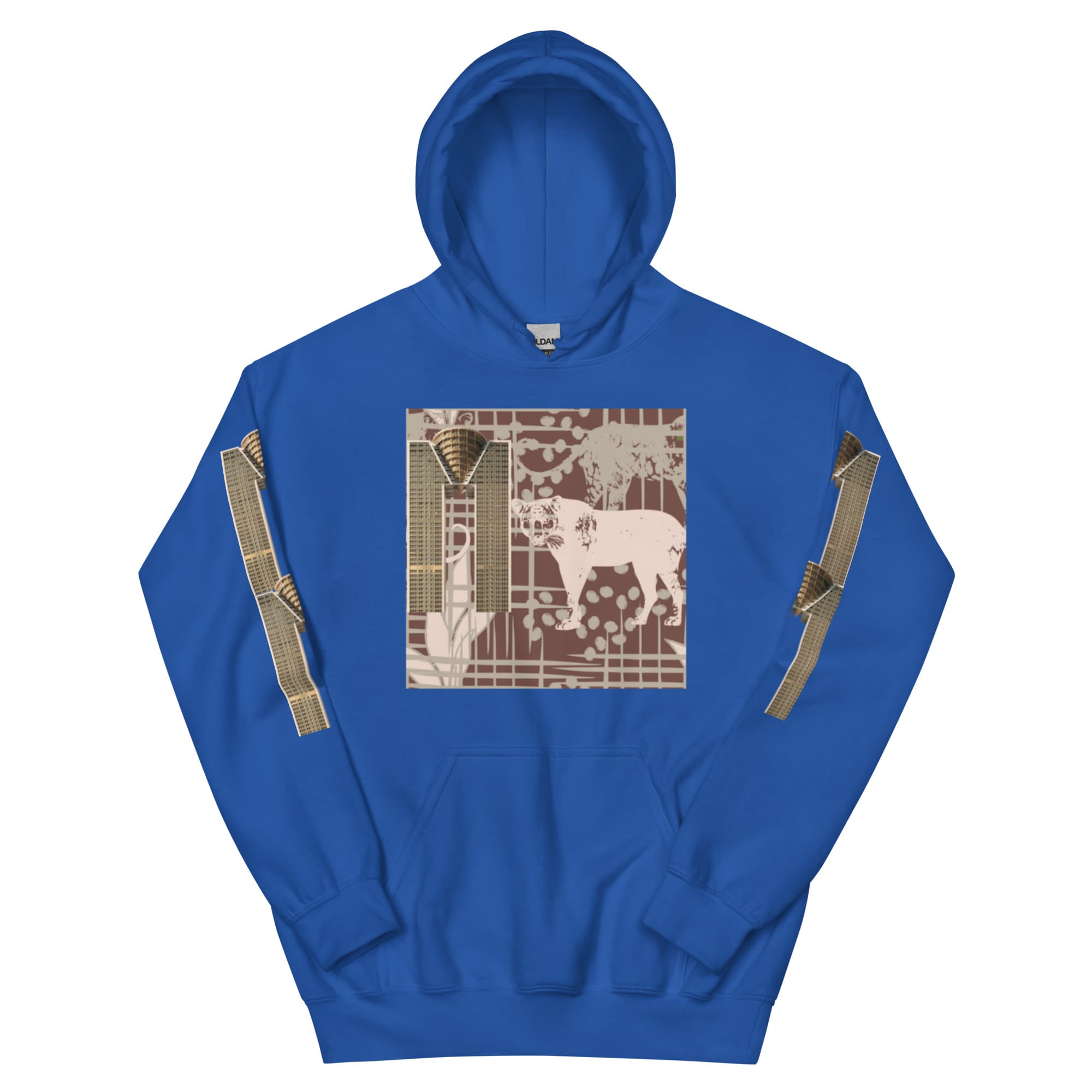 Blue hoodie with elephant graphic and straps
