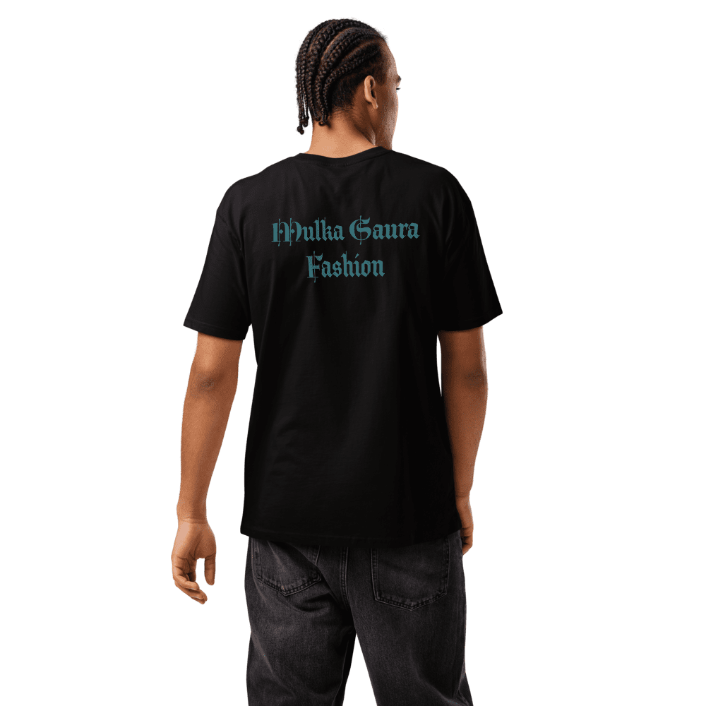Back view of black T-shirt with teal text