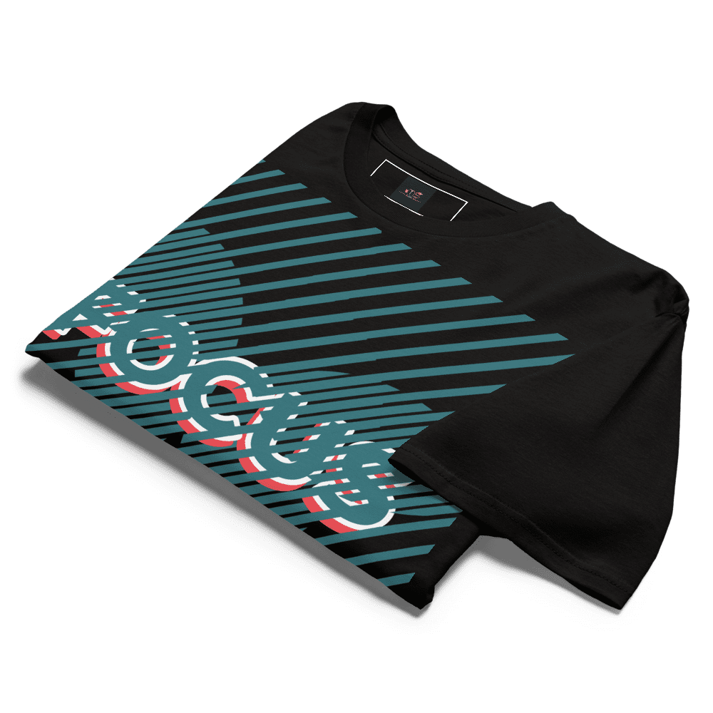 Folded black t-shirt with teal diagonal stripes