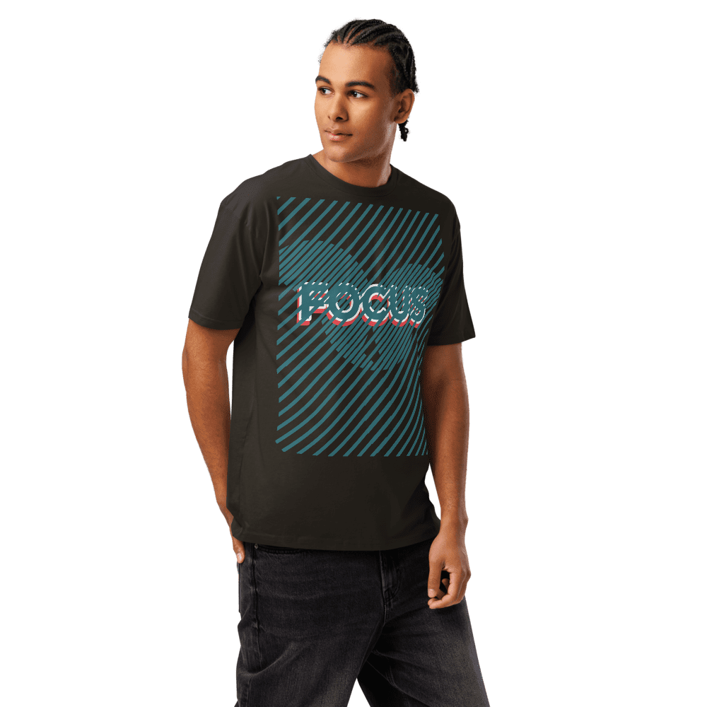 Young man in black "Focus" graphic tee