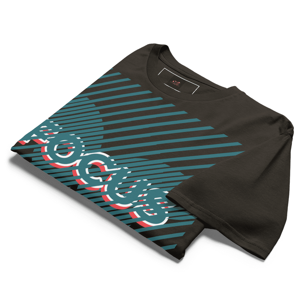 Folded black graphic tee with teal stripes