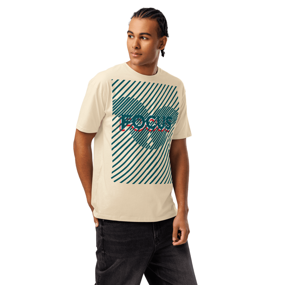 Man wearing beige T-shirt with "FOCUS" design