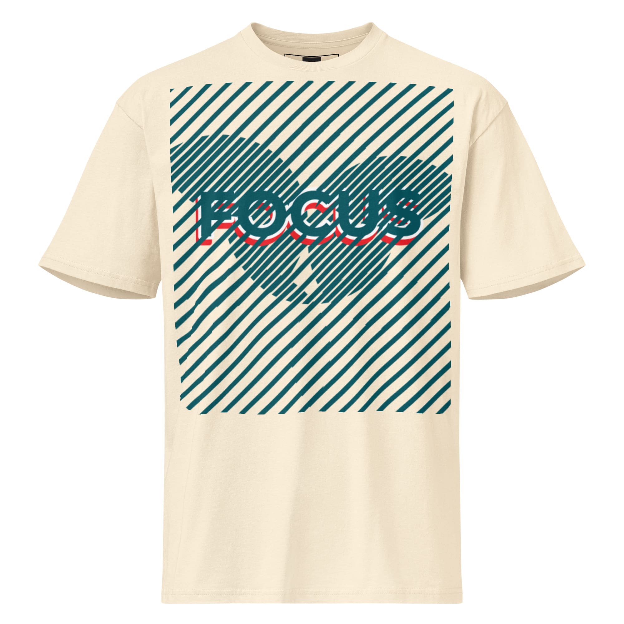 Beige T-shirt with diagonal stripes and "FOCUS