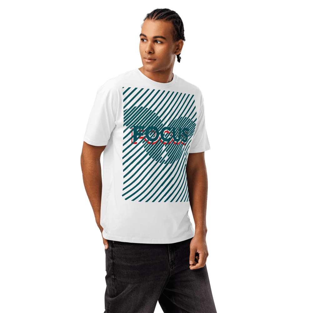 Model wearing striped 'FOCUS' graphic tee