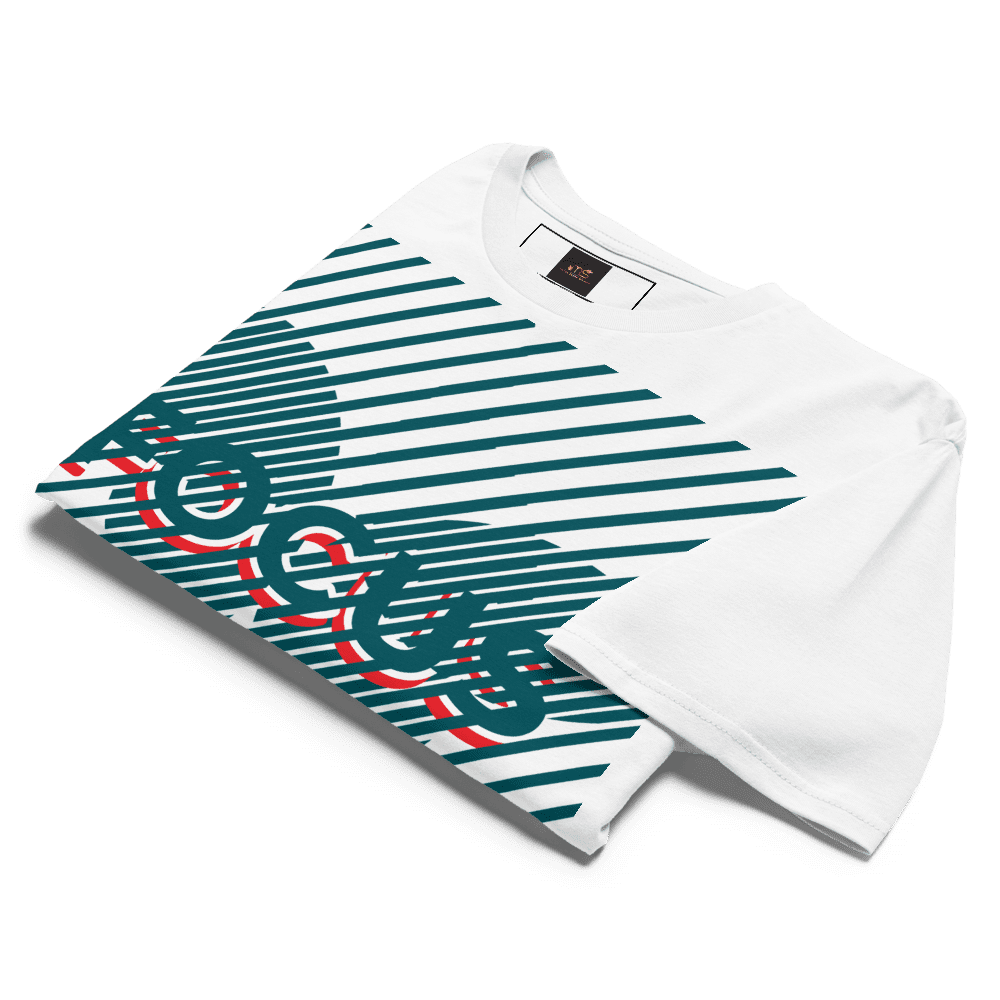 Folded white tee with teal diagonal stripes