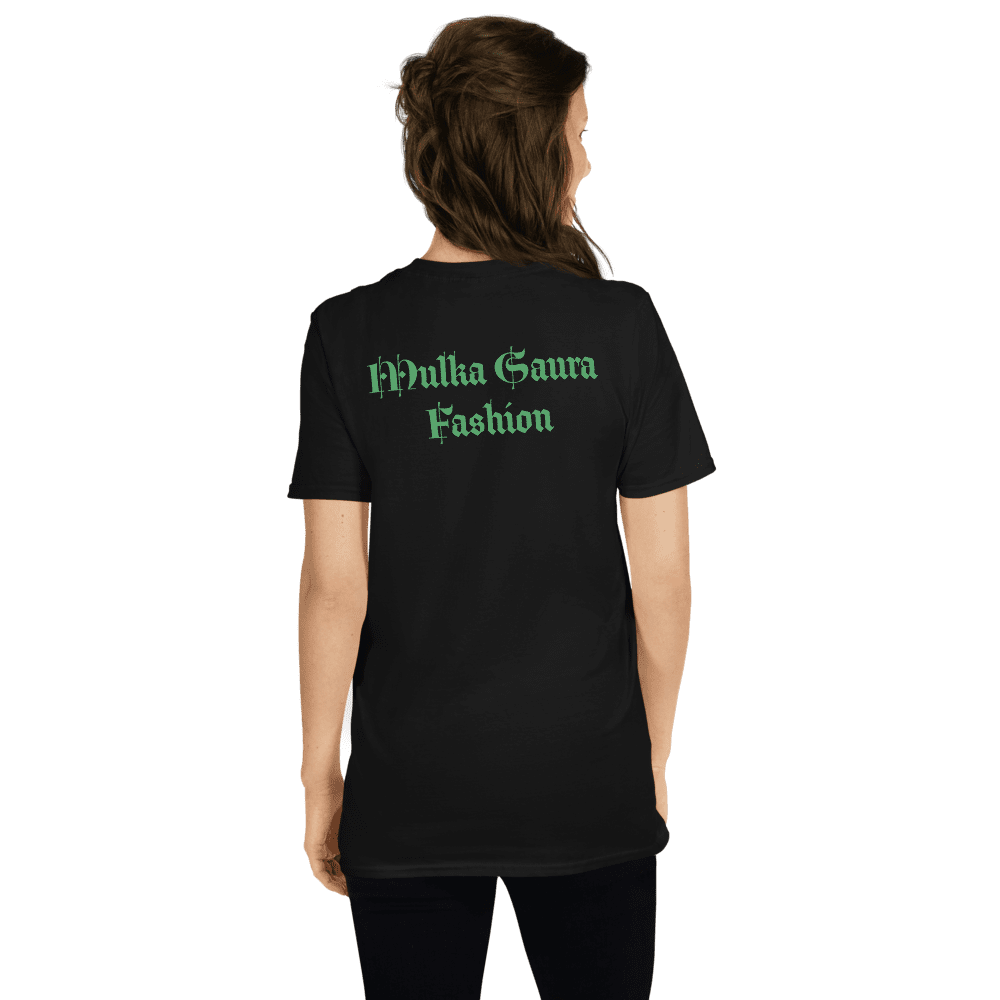 Back view of black t-shirt with green text