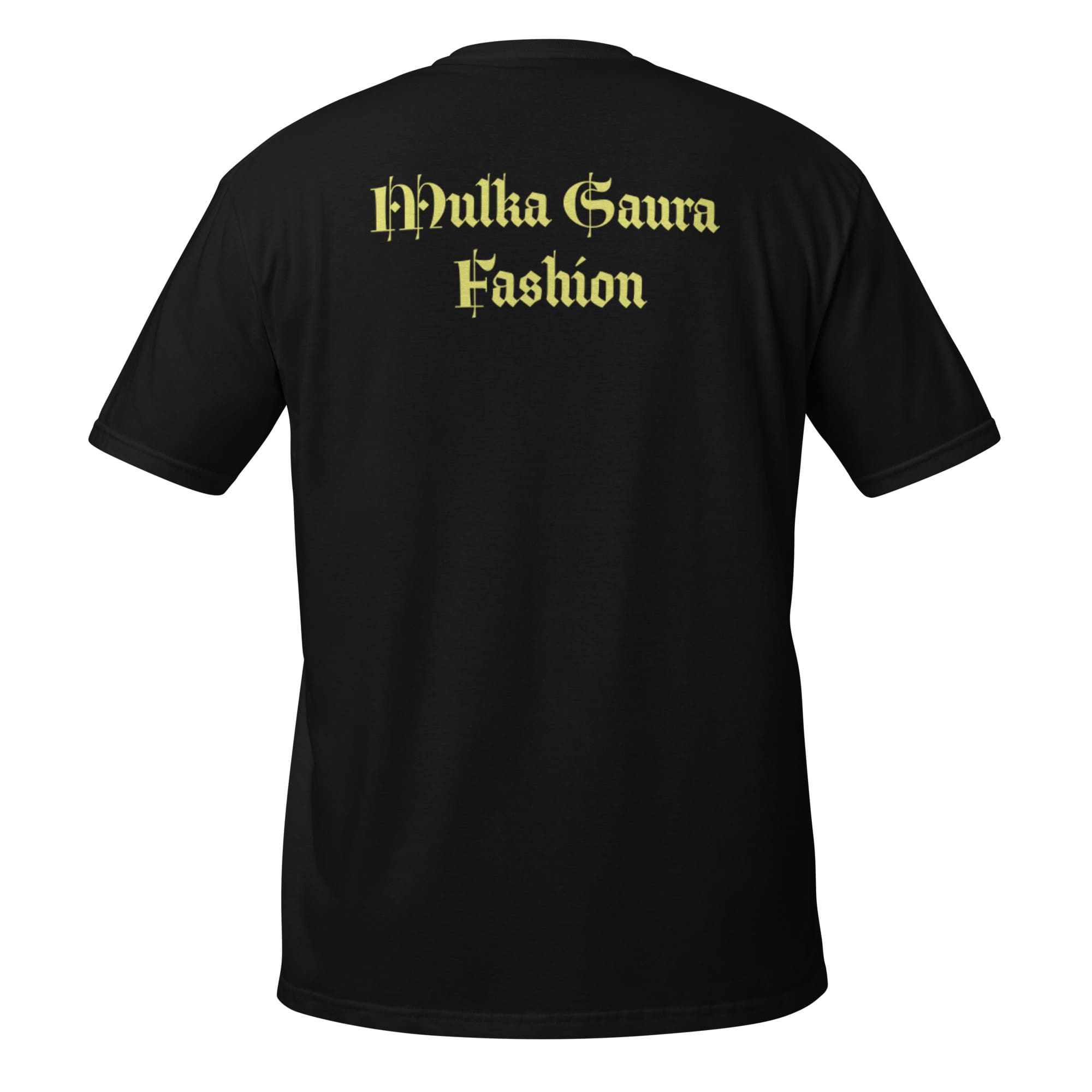 Black T-shirt back with gold 'Phulka Gaura Fashion'
