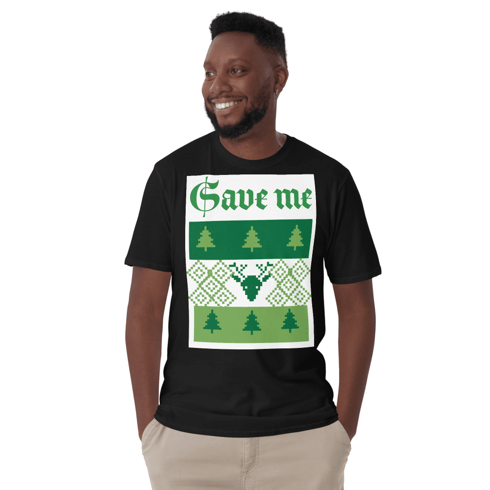 Smiling man wearing "Save me" Christmas tee