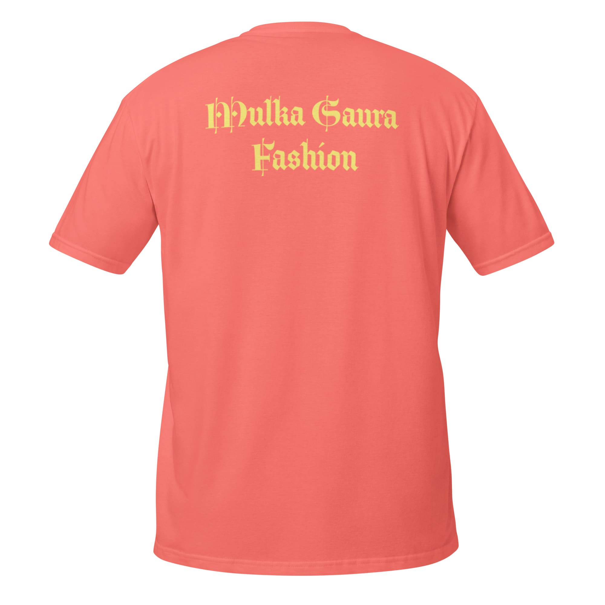 Coral T-shirt back reading "Phulka Gaura Fashion