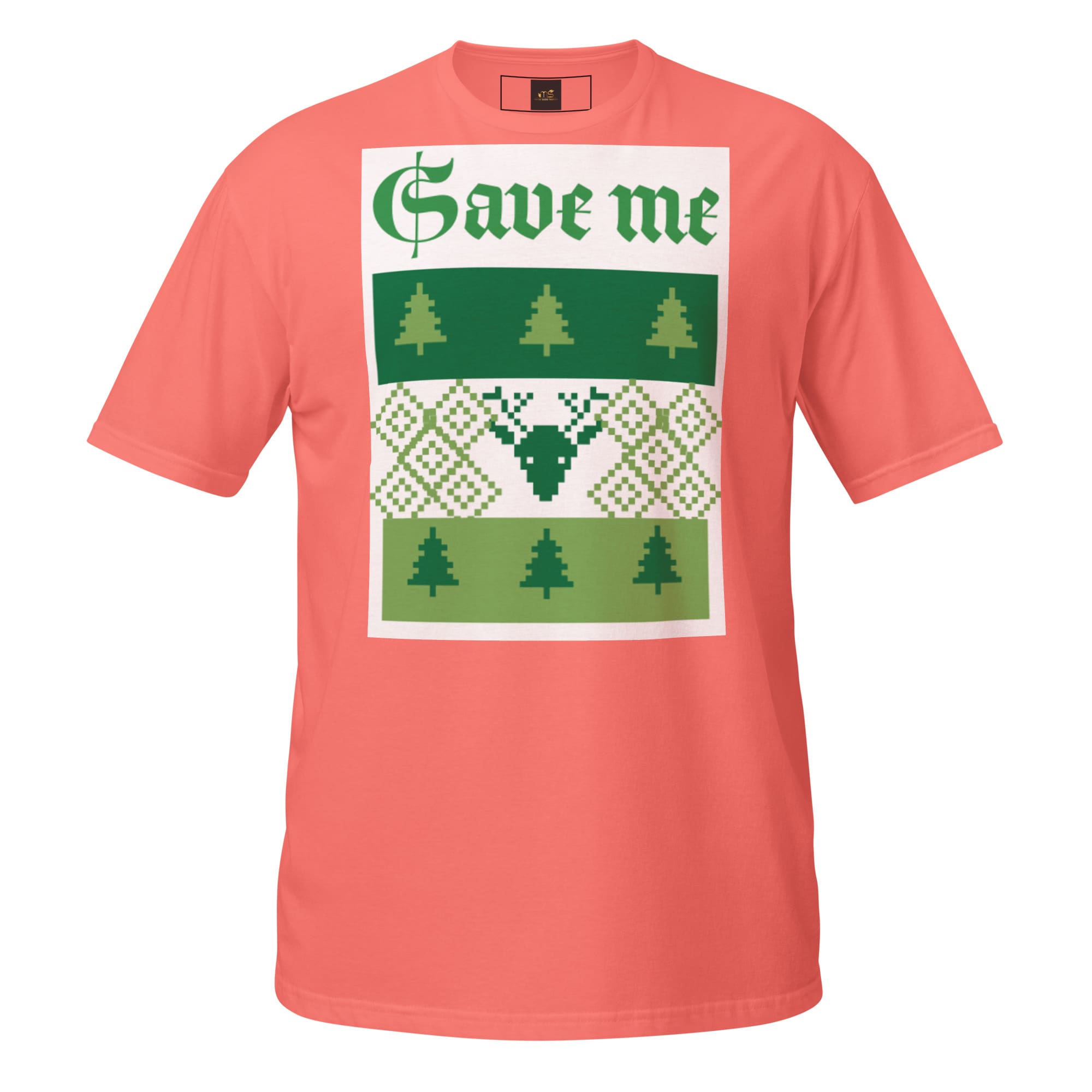 Coral tee featuring "Save me" ugly sweater