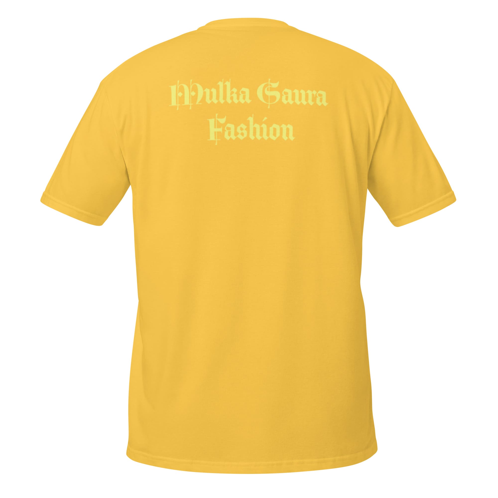 Yellow T-shirt back with white logo text