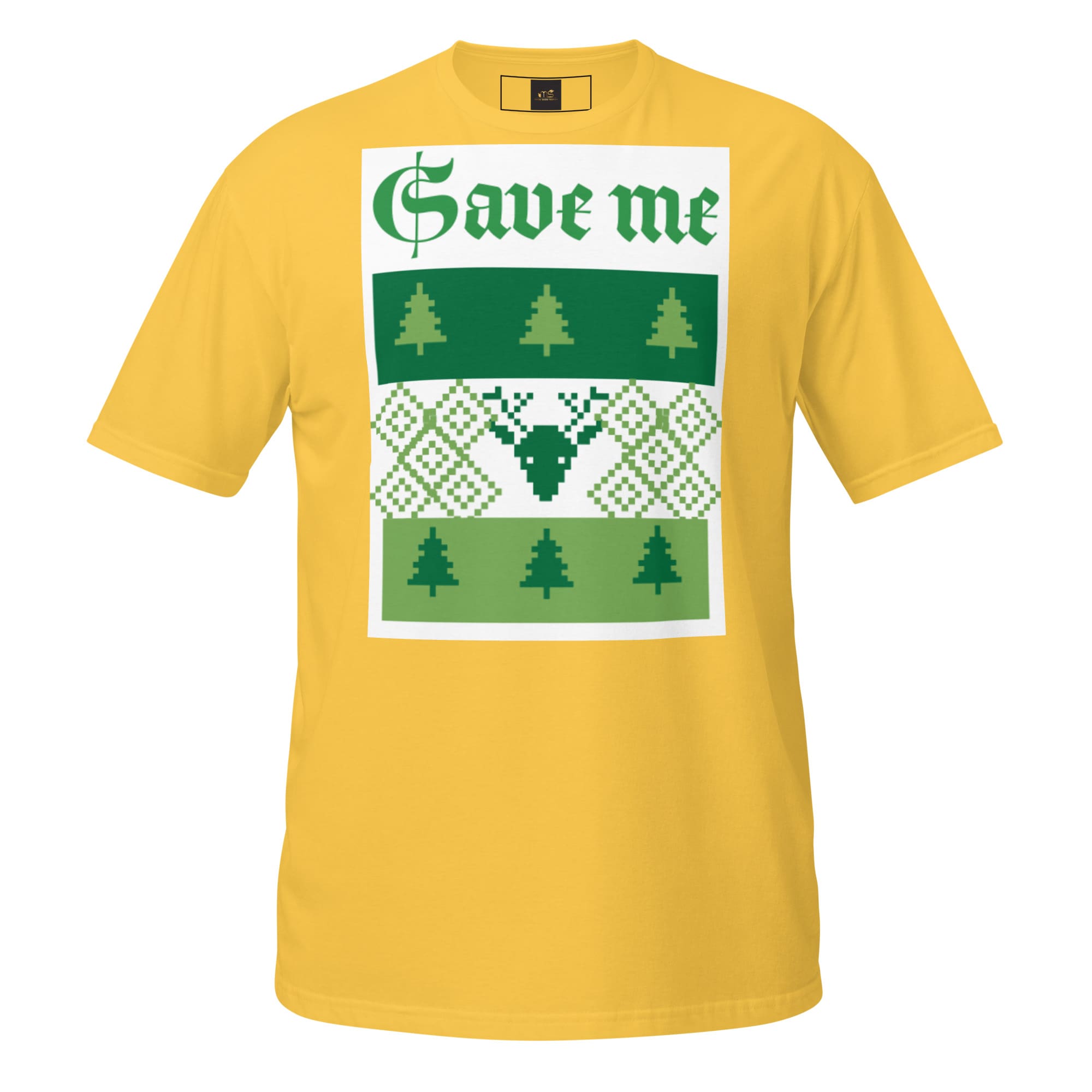 Yellow T-shirt with "Save me" reindeer graphic