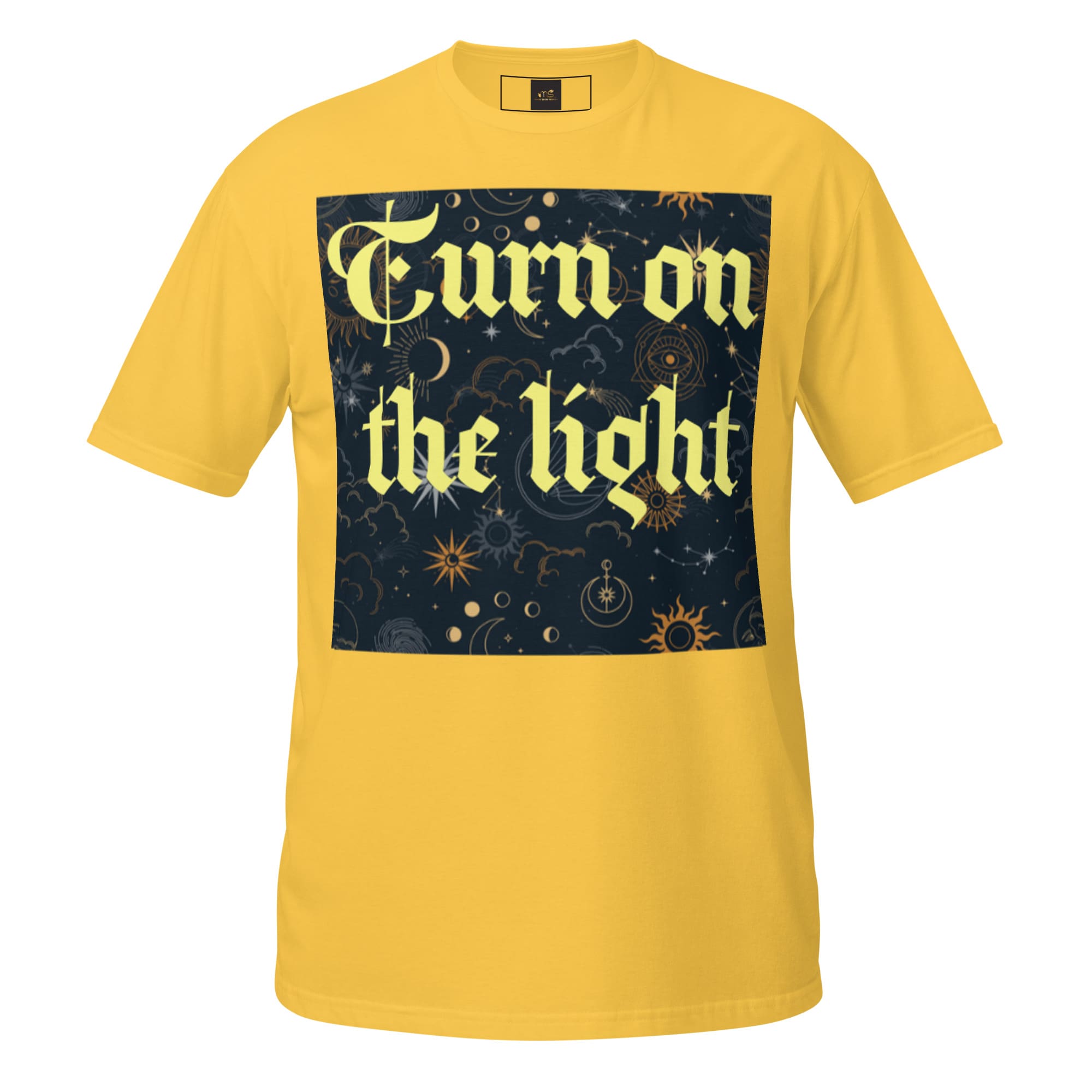 Yellow tee with 'Turn on the Light' print