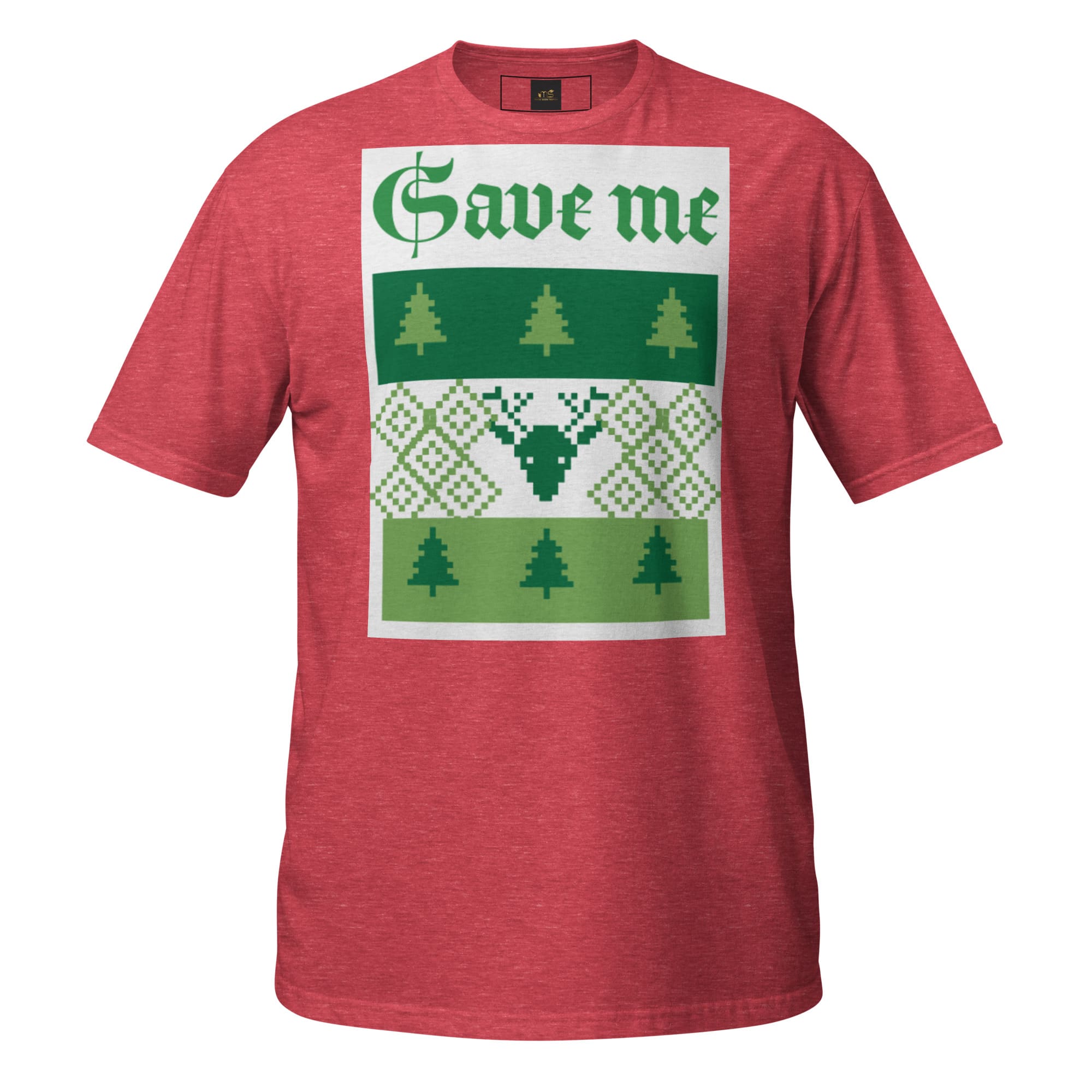 Red tee with "Save me" Christmas design