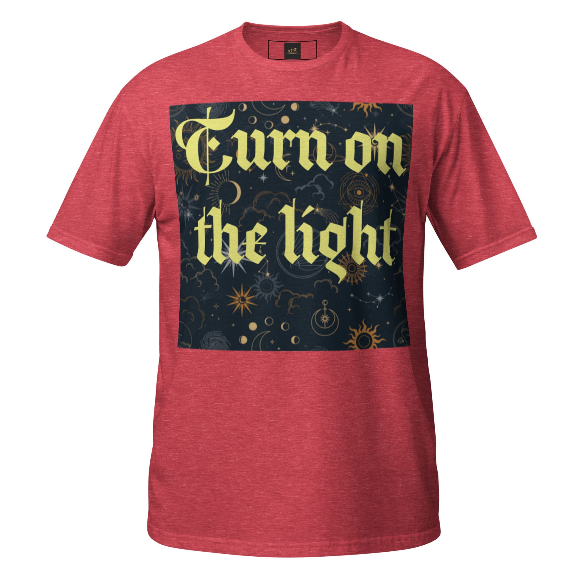 Red t-shirt with "Turn on the light" design