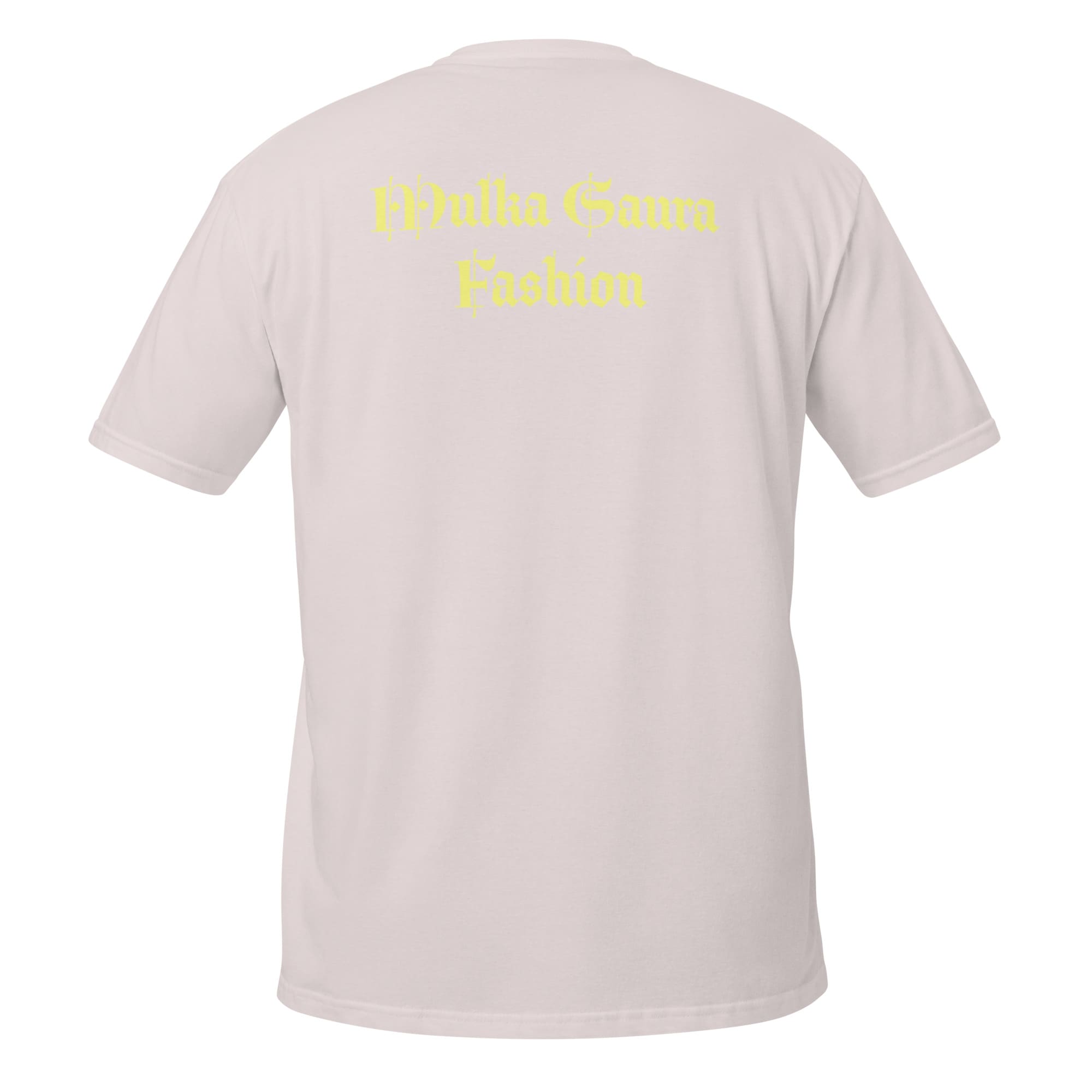 Back of blush t-shirt with yellow script