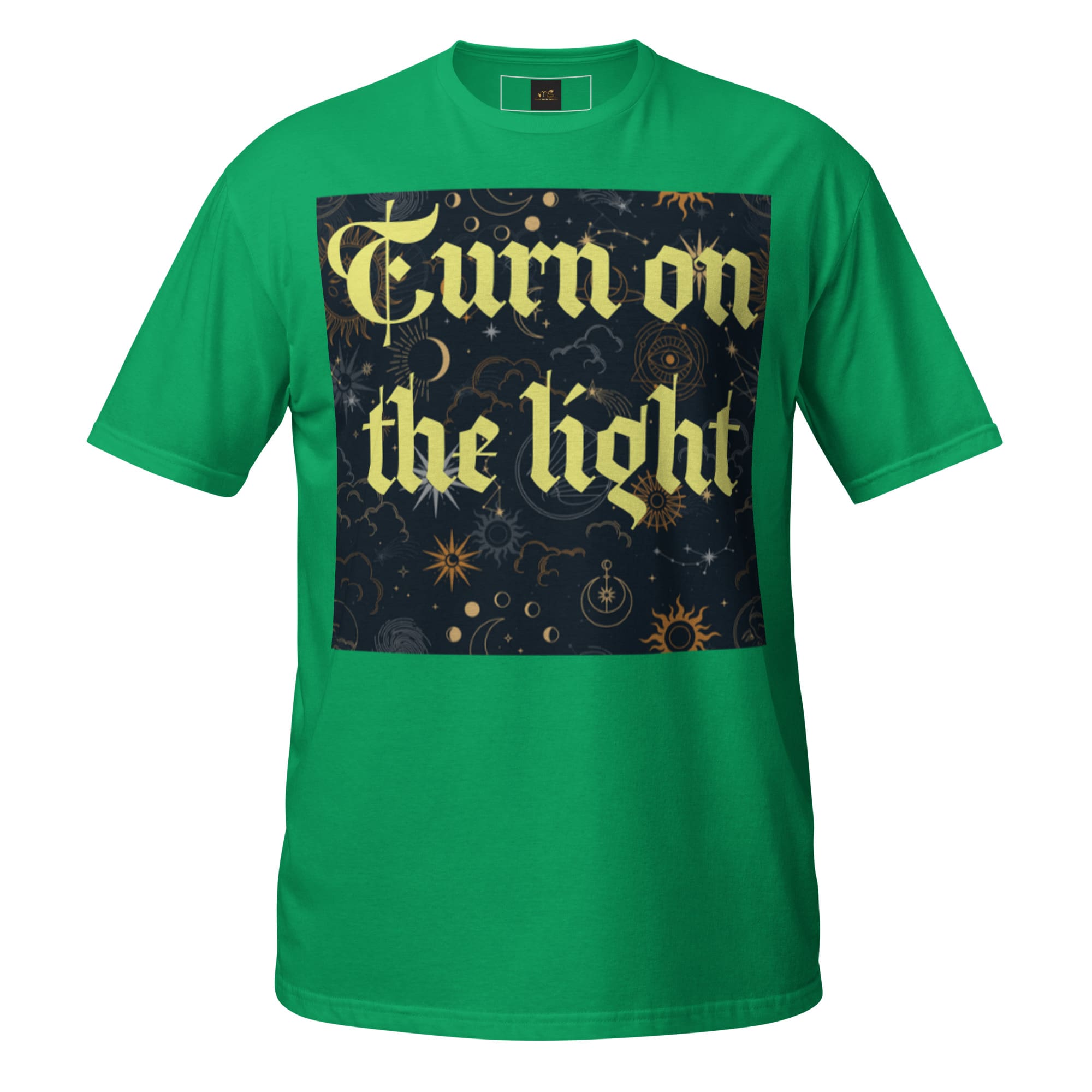 Green T-shirt featuring "Turn on the light