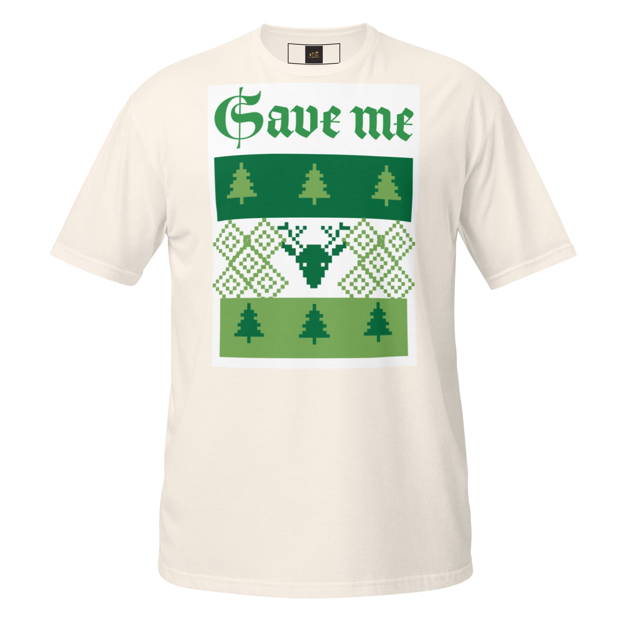 Cream tee featuring green "Save me" design