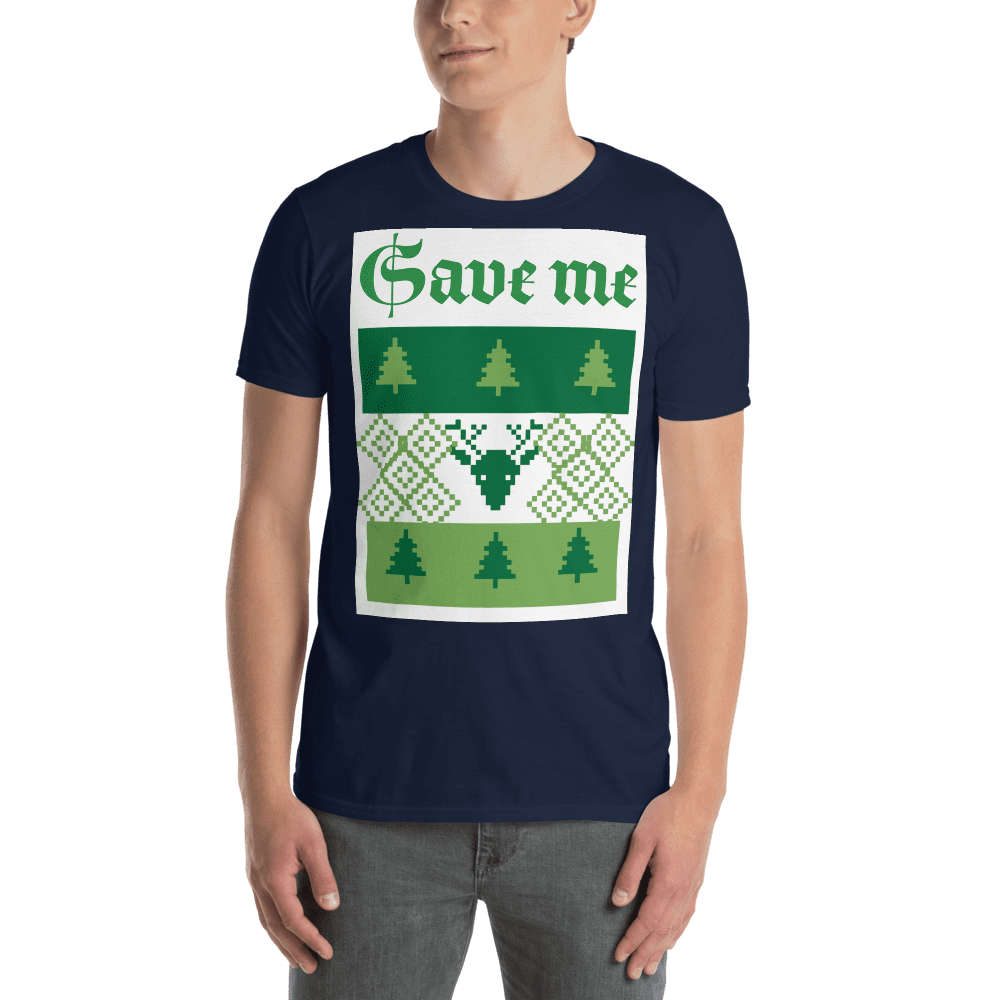 Navy tee with green "Save me" holiday pattern