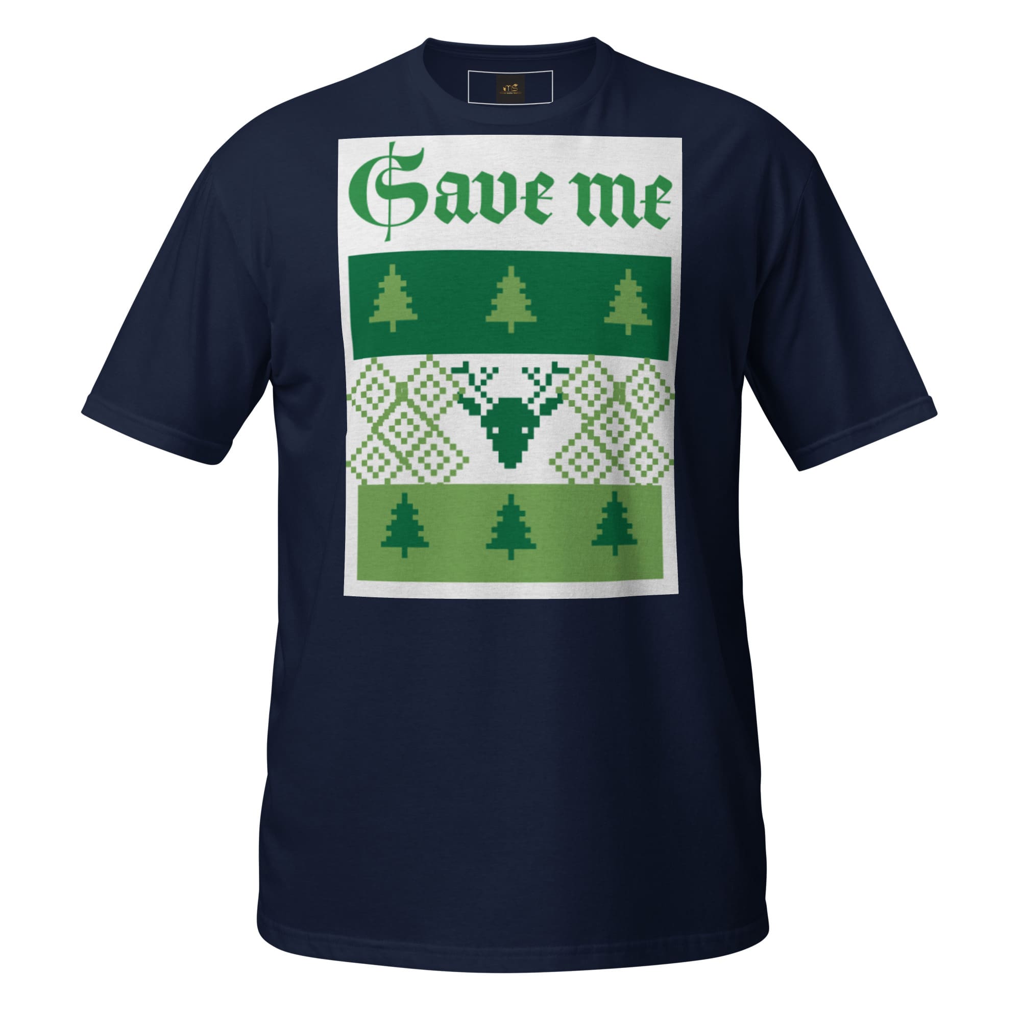 Navy T-shirt with green "Save me" sweater print