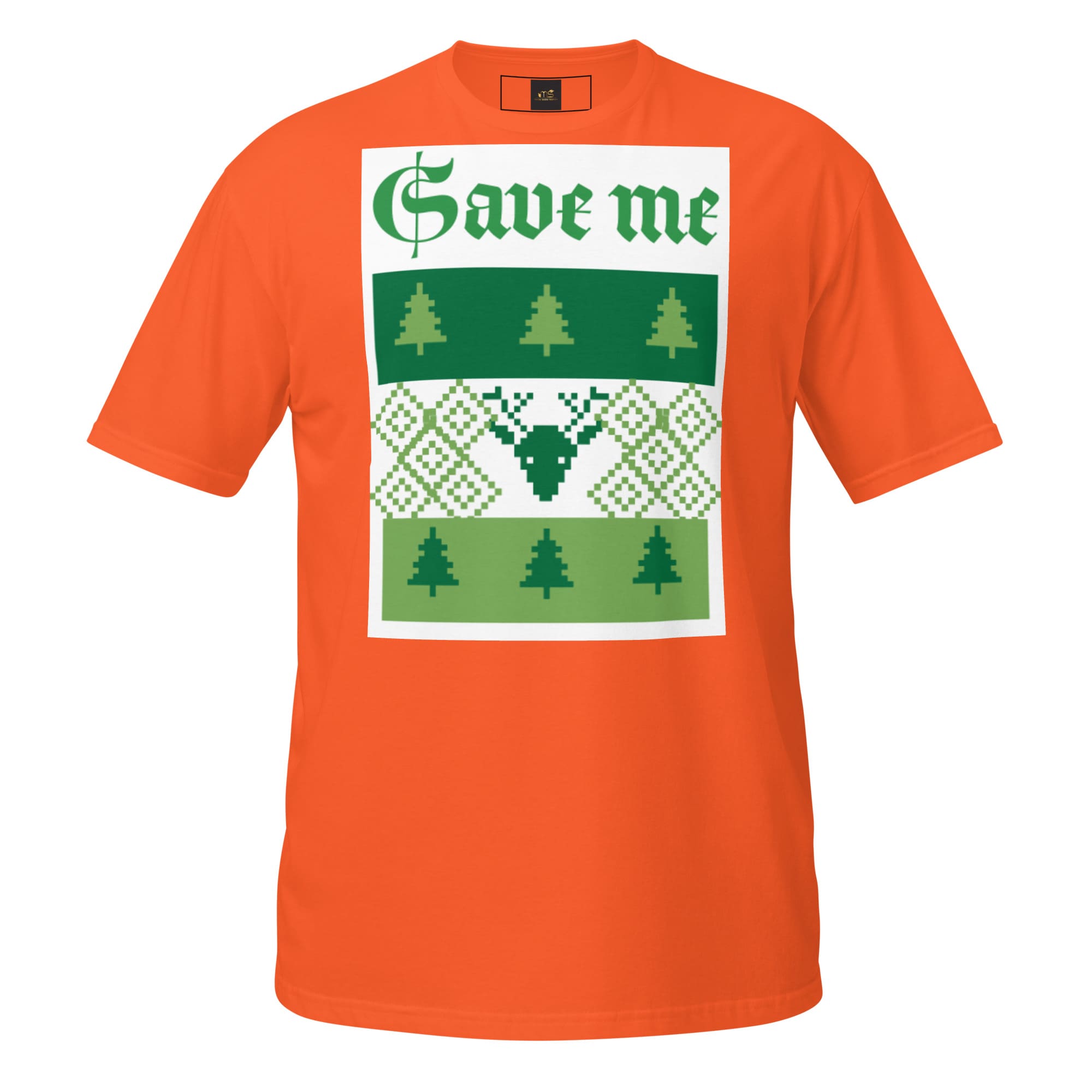 Orange T-shirt with green "Save me" pixel deer